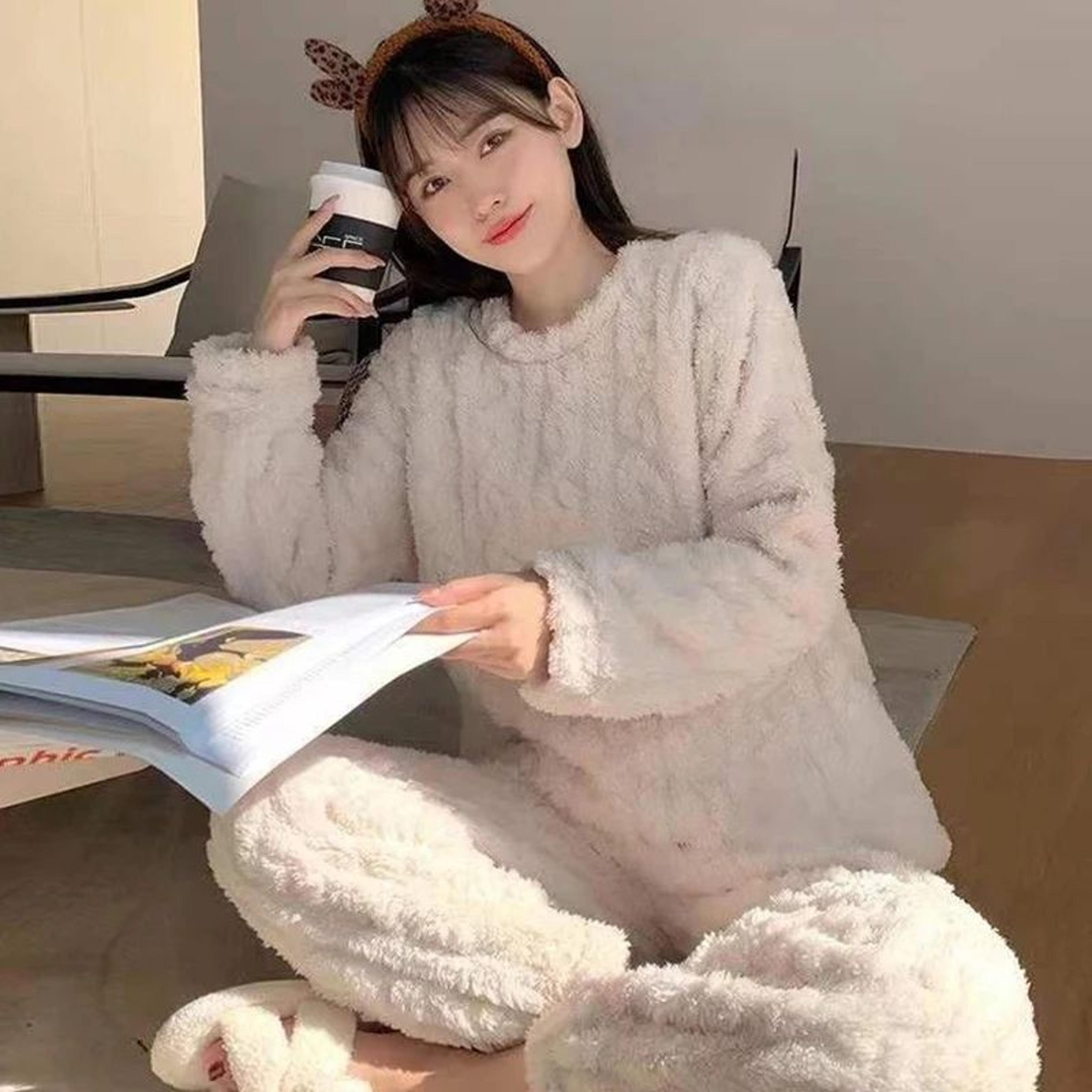Women Autumn Warm Ribbed Velvet Fleece Pajama Set 7