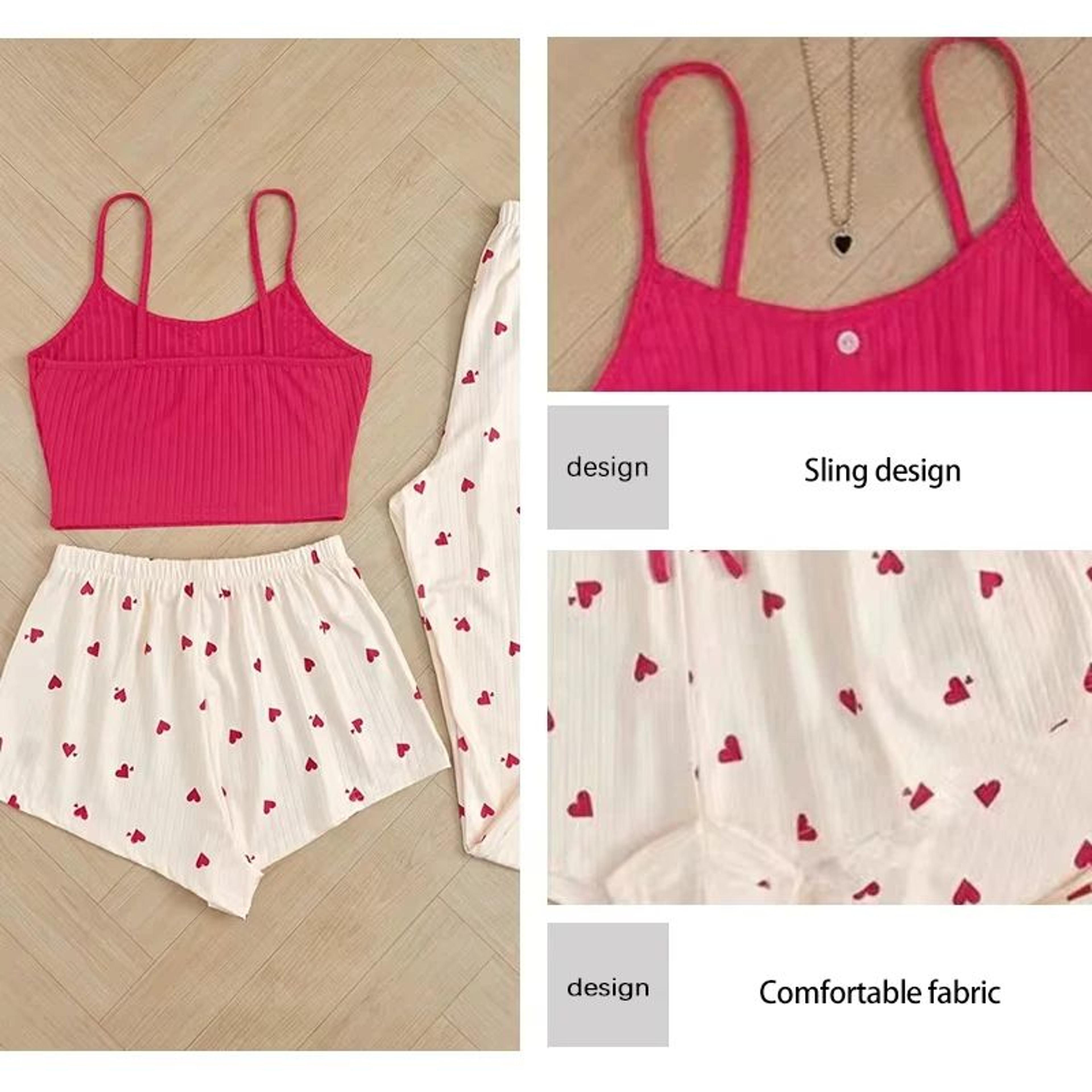 Women Three Piece Heart Print Ribbed Pajama Set 3