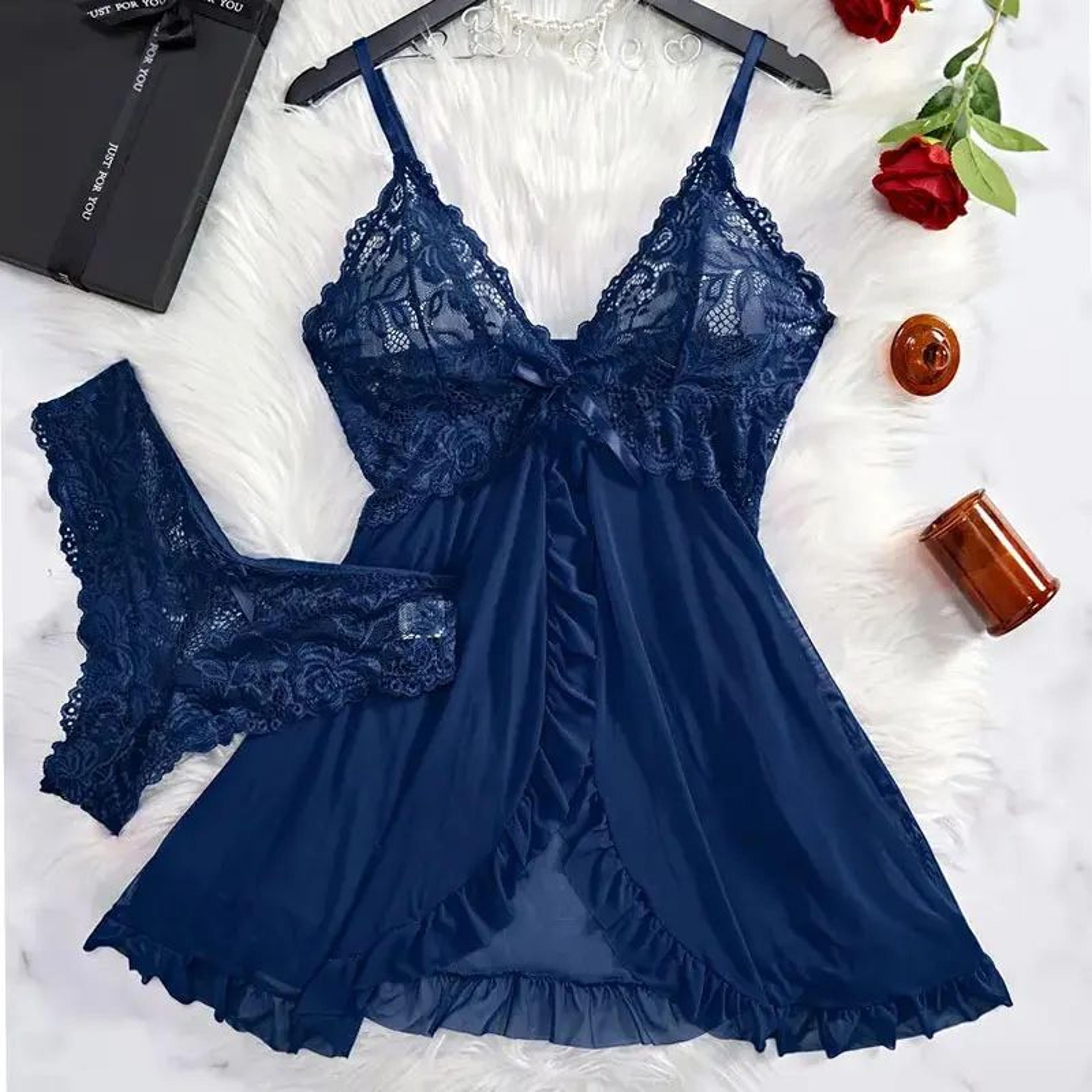 Women Summer Lace Nightgown Set With Suspender Dress And Thong 8