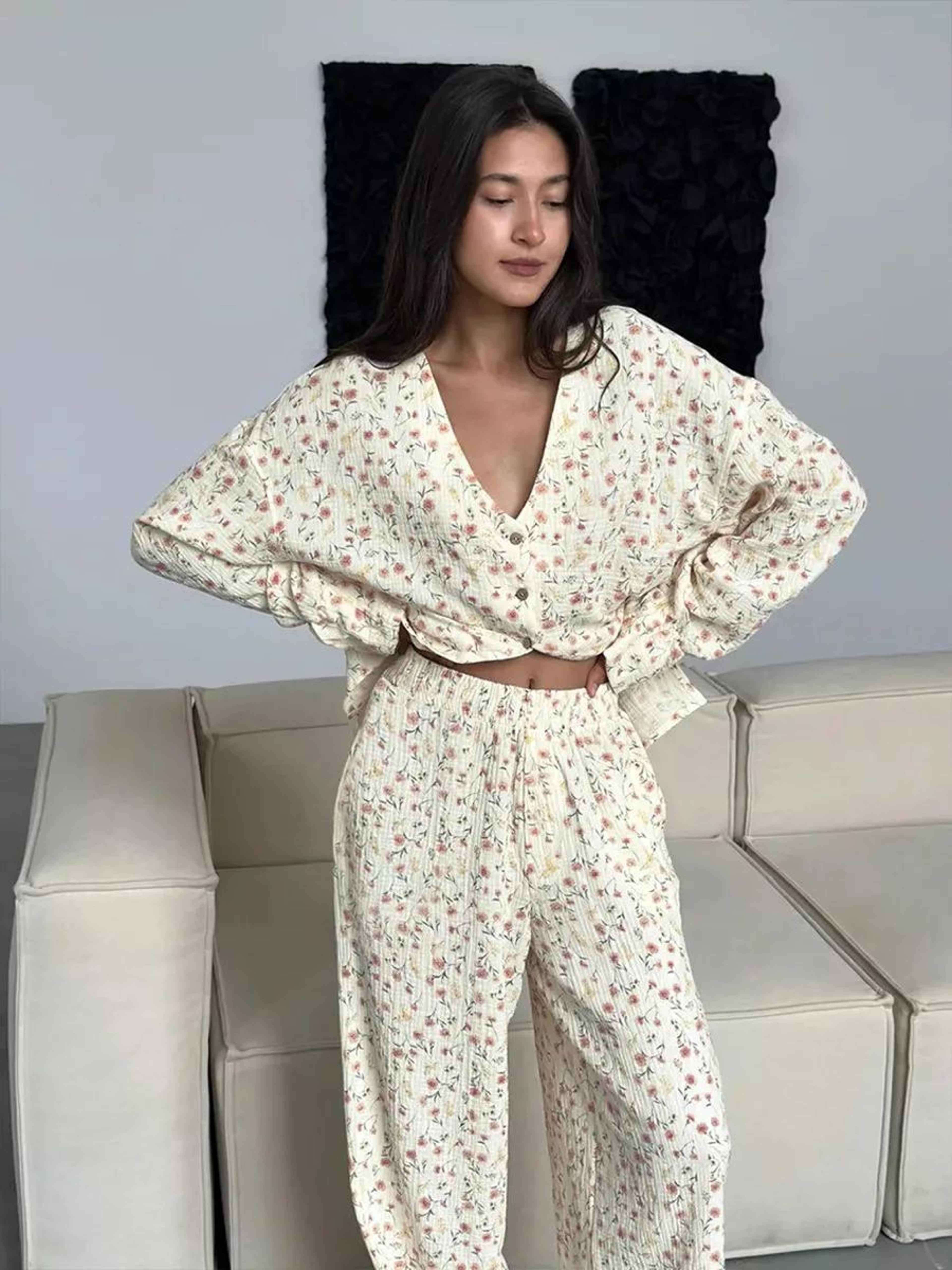 Women 100 Percent Cotton Printed Cardigan Pajama Set 1