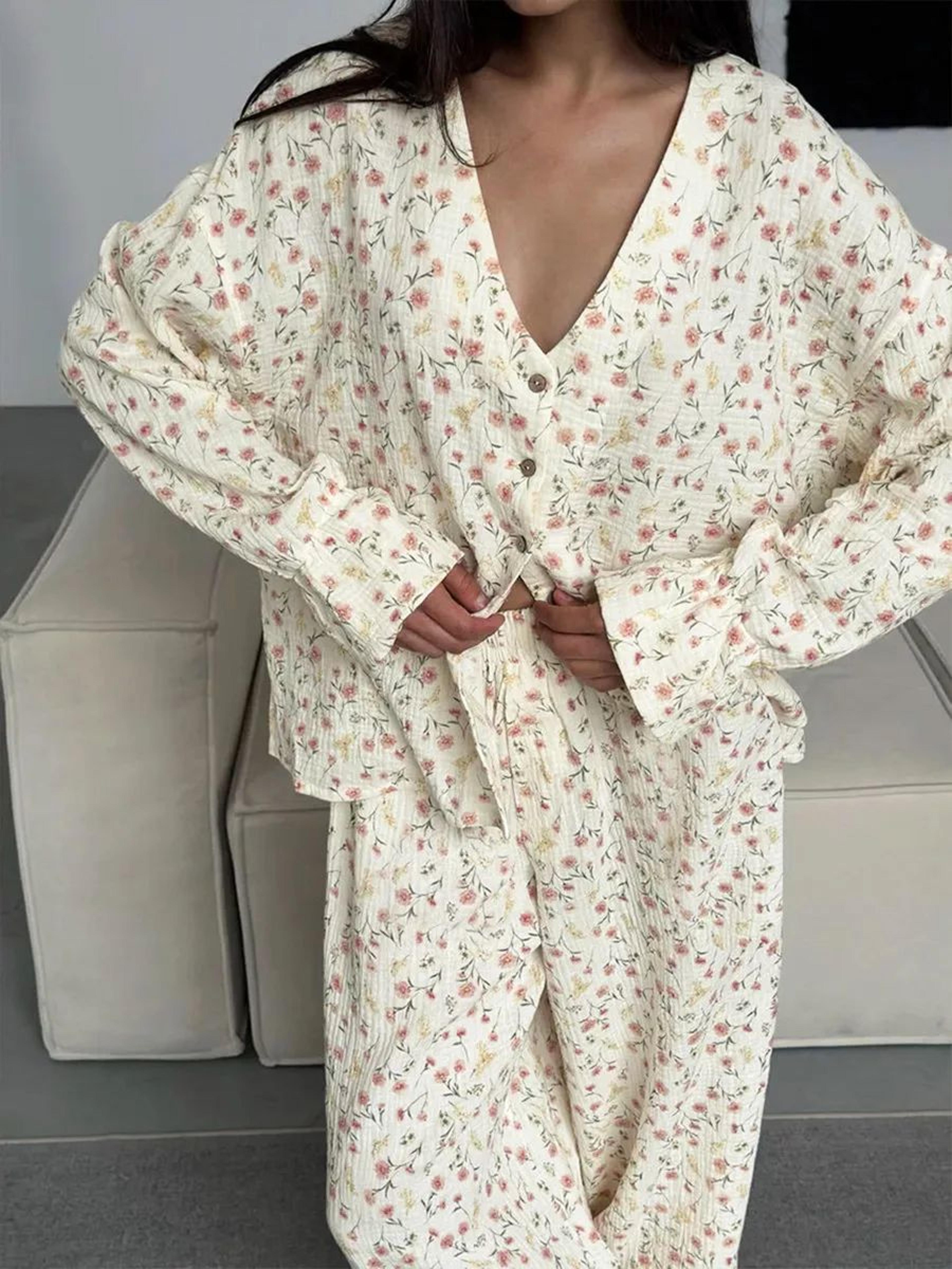 Women 100 Percent Cotton Printed Cardigan Pajama Set 3