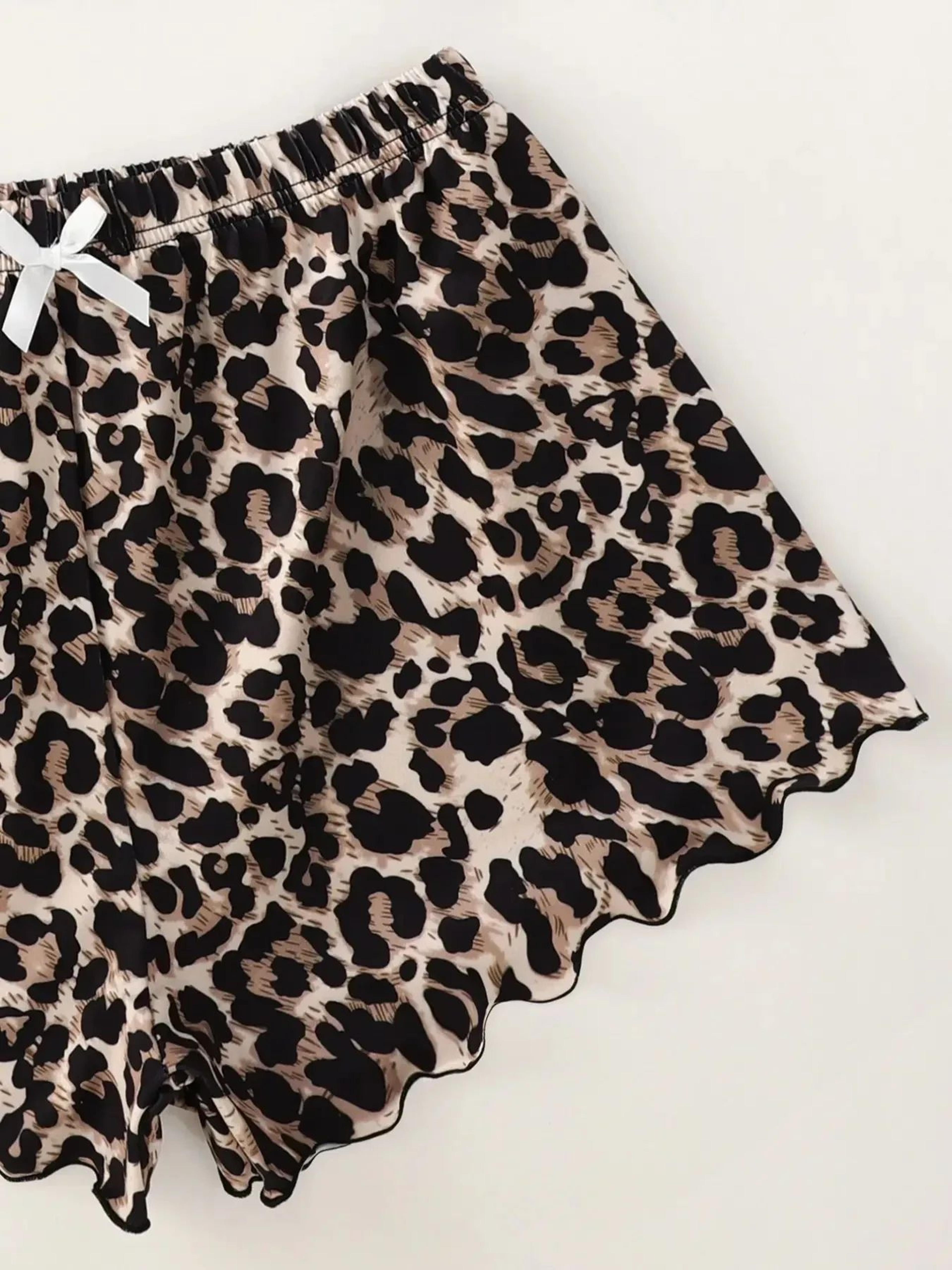 Women Leopard Print V Neck Cami And Shorts Pajama Set 2