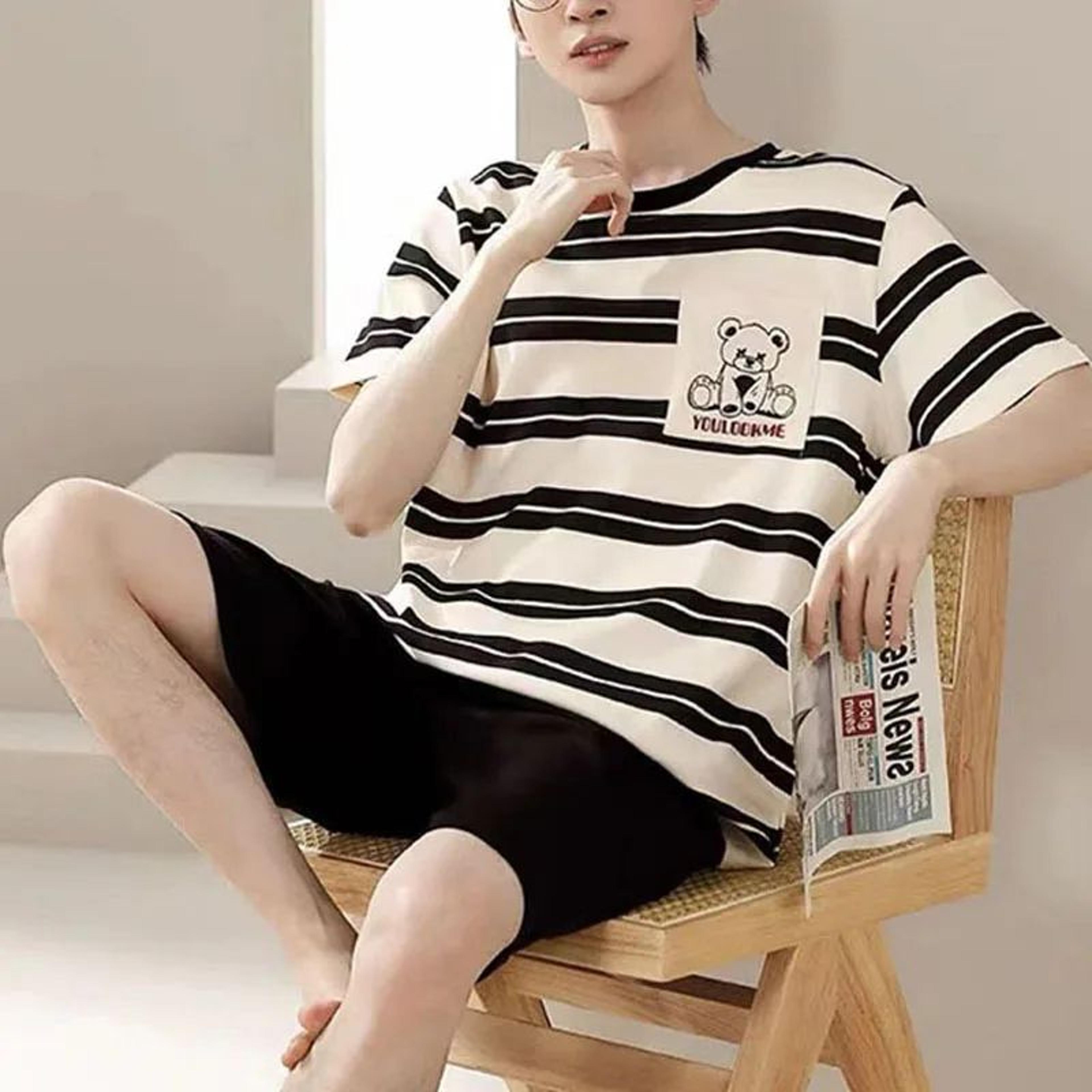 men striped bear pajama set large size breathable loungewear