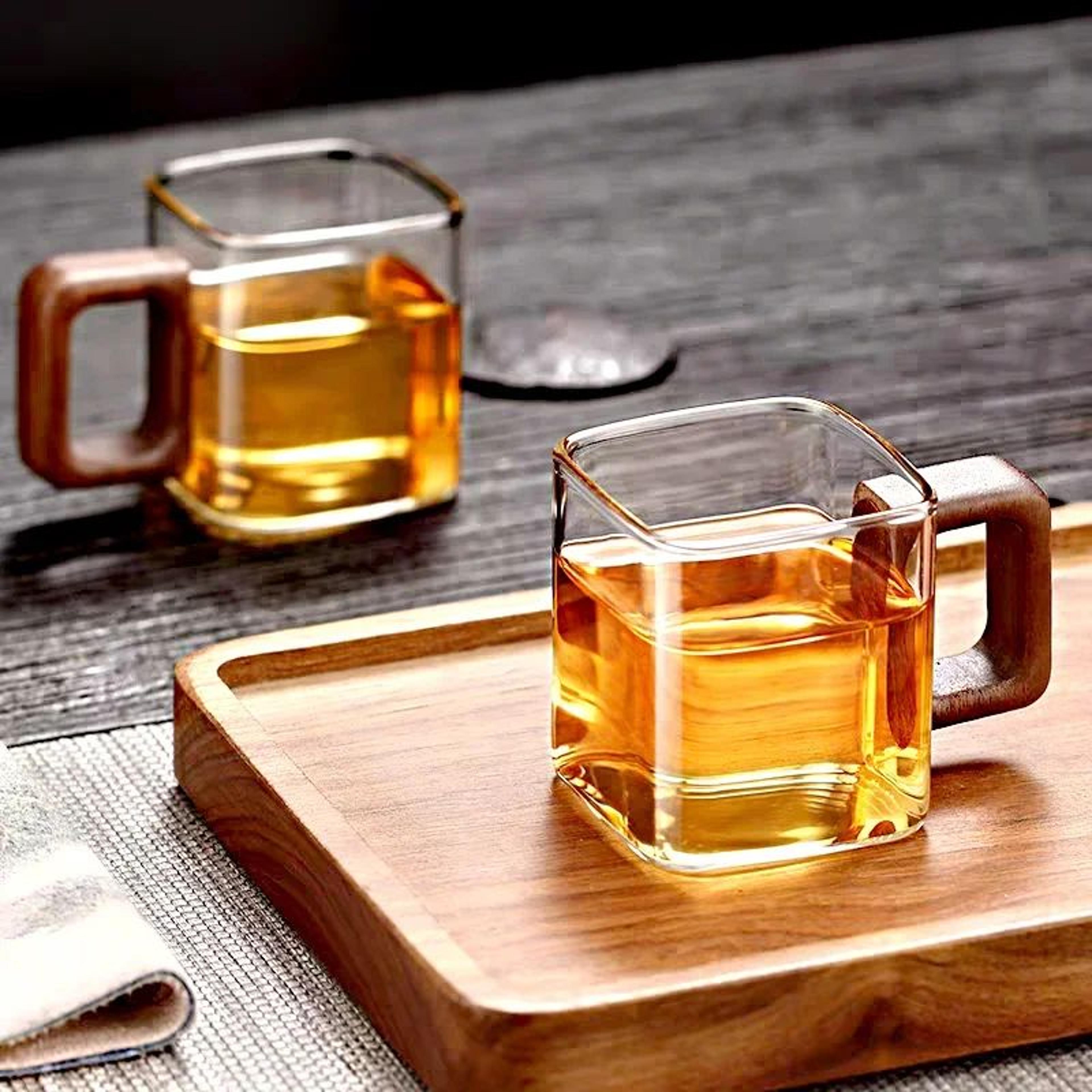 Elegant Glass Coffee Mug With Walnut Wooden Handle 2
