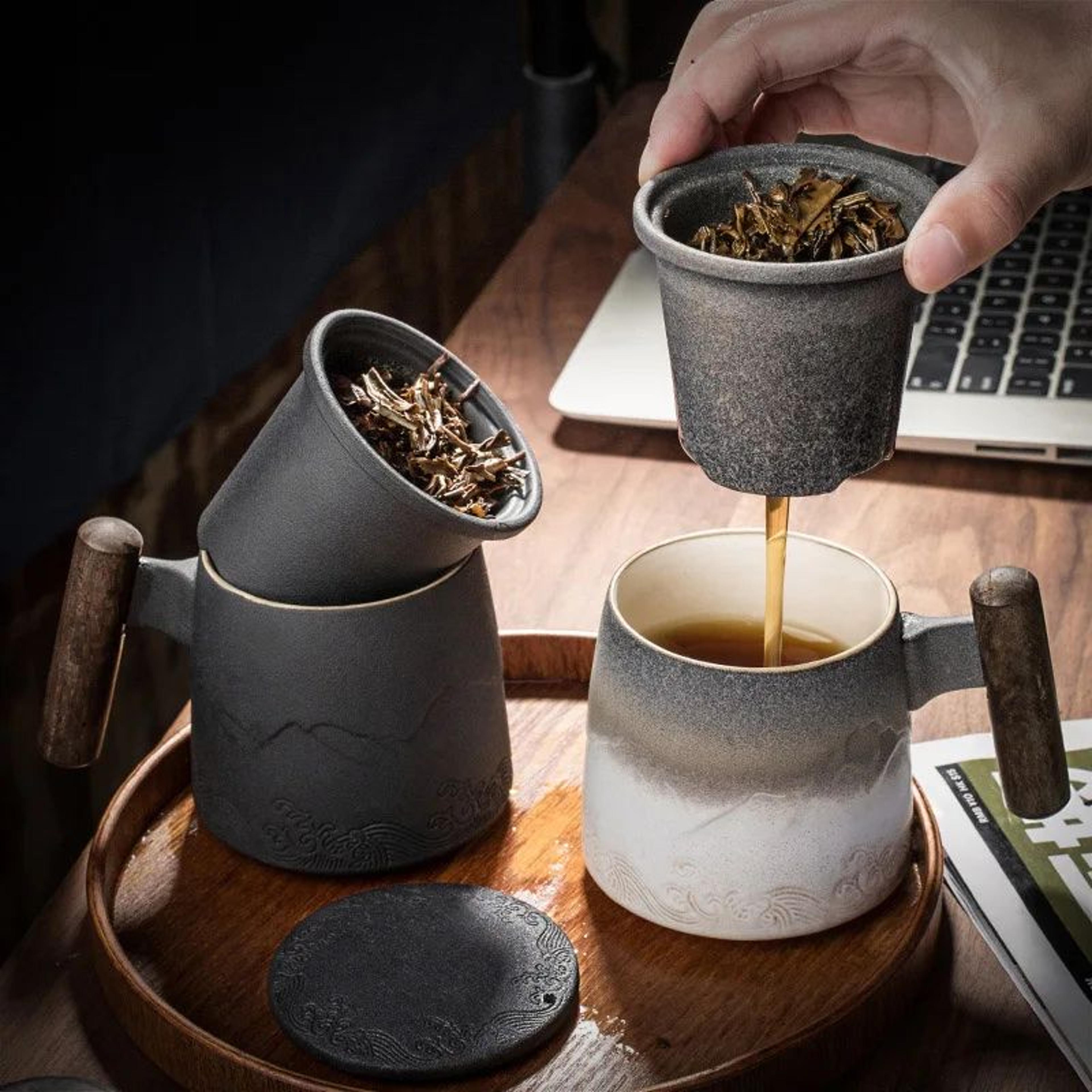 Retro Ceramic Mug With Wooden Handle And Lid 2