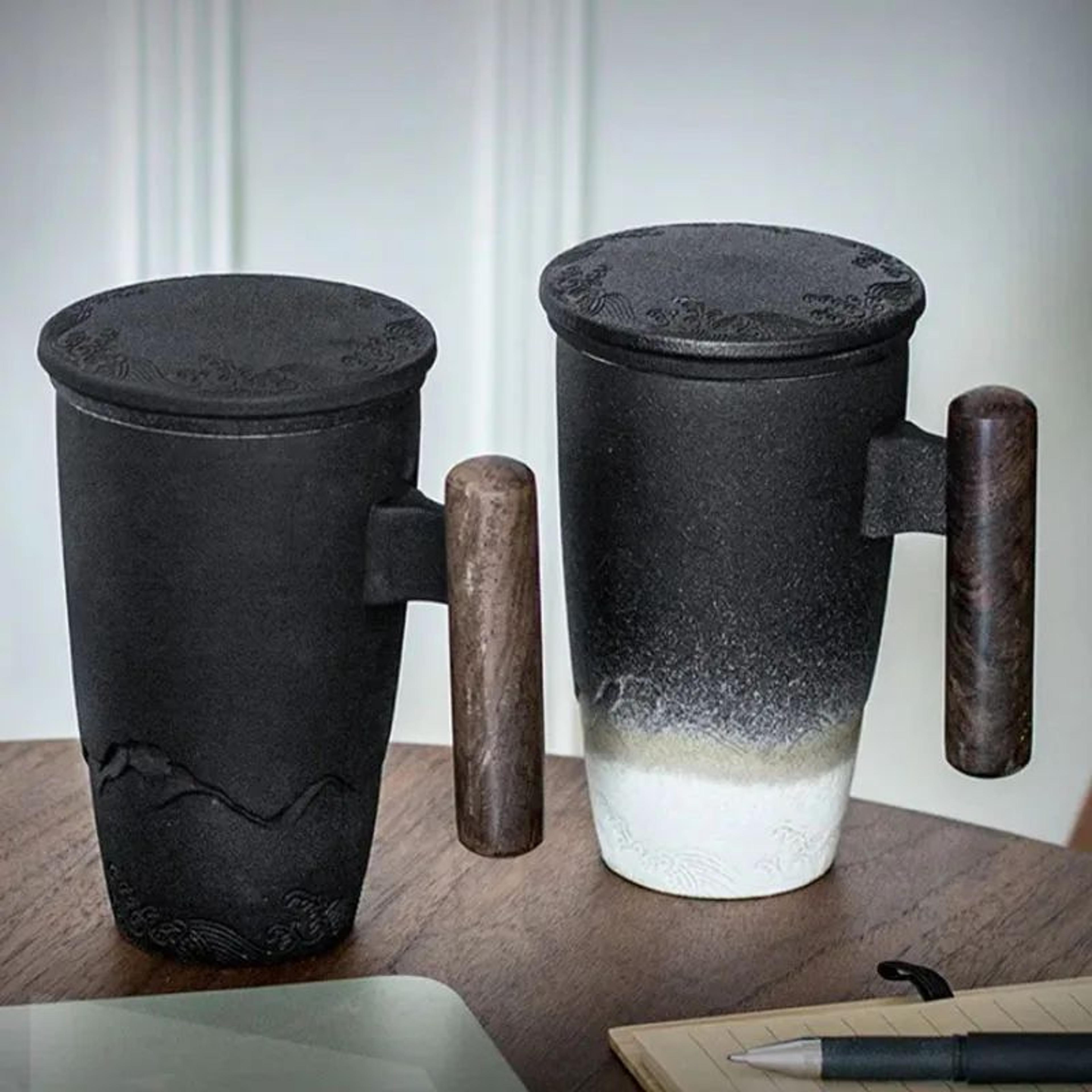 Retro Ceramic Mug With Wooden Handle And Lid 8