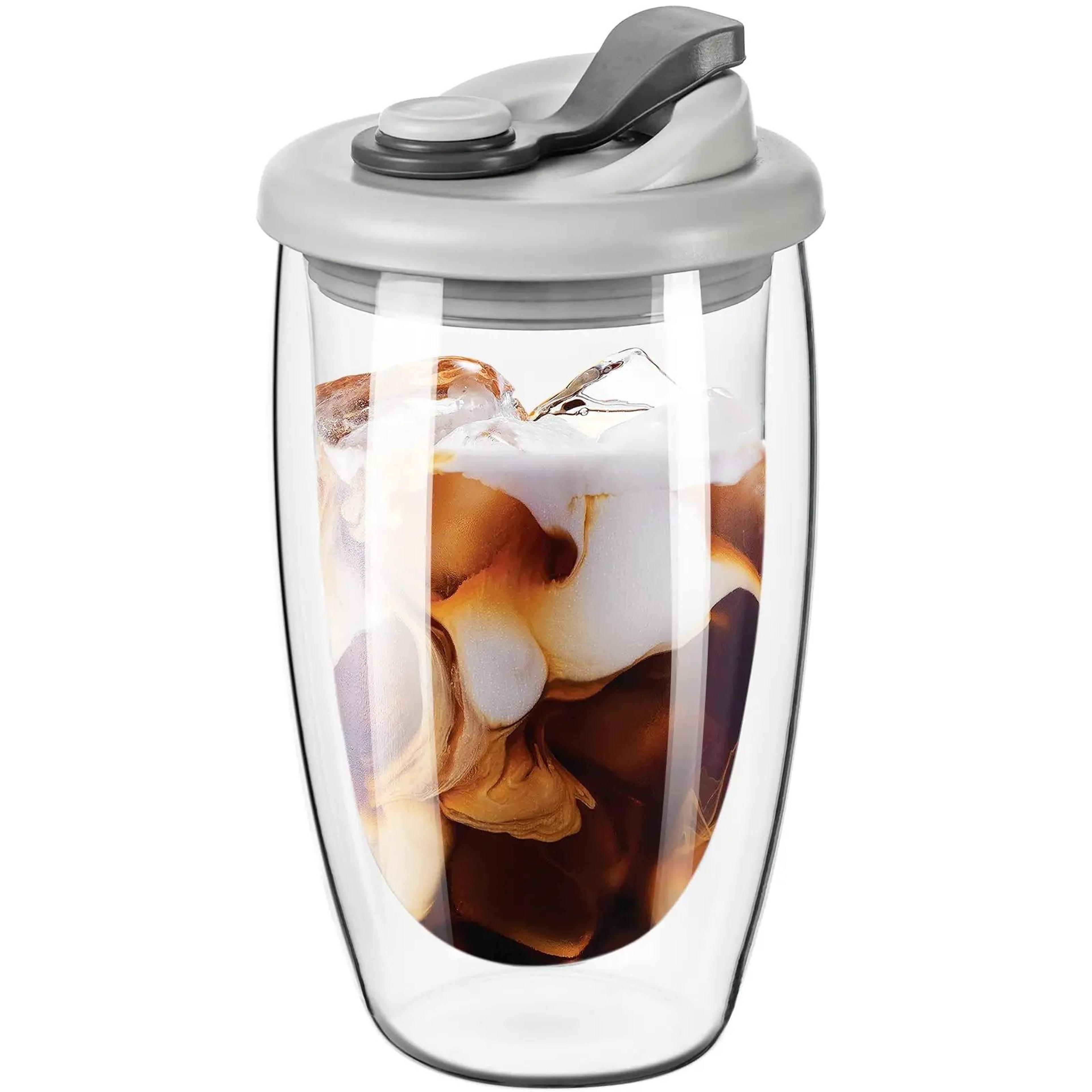 15oz double wall glass coffee mug with silicone lid