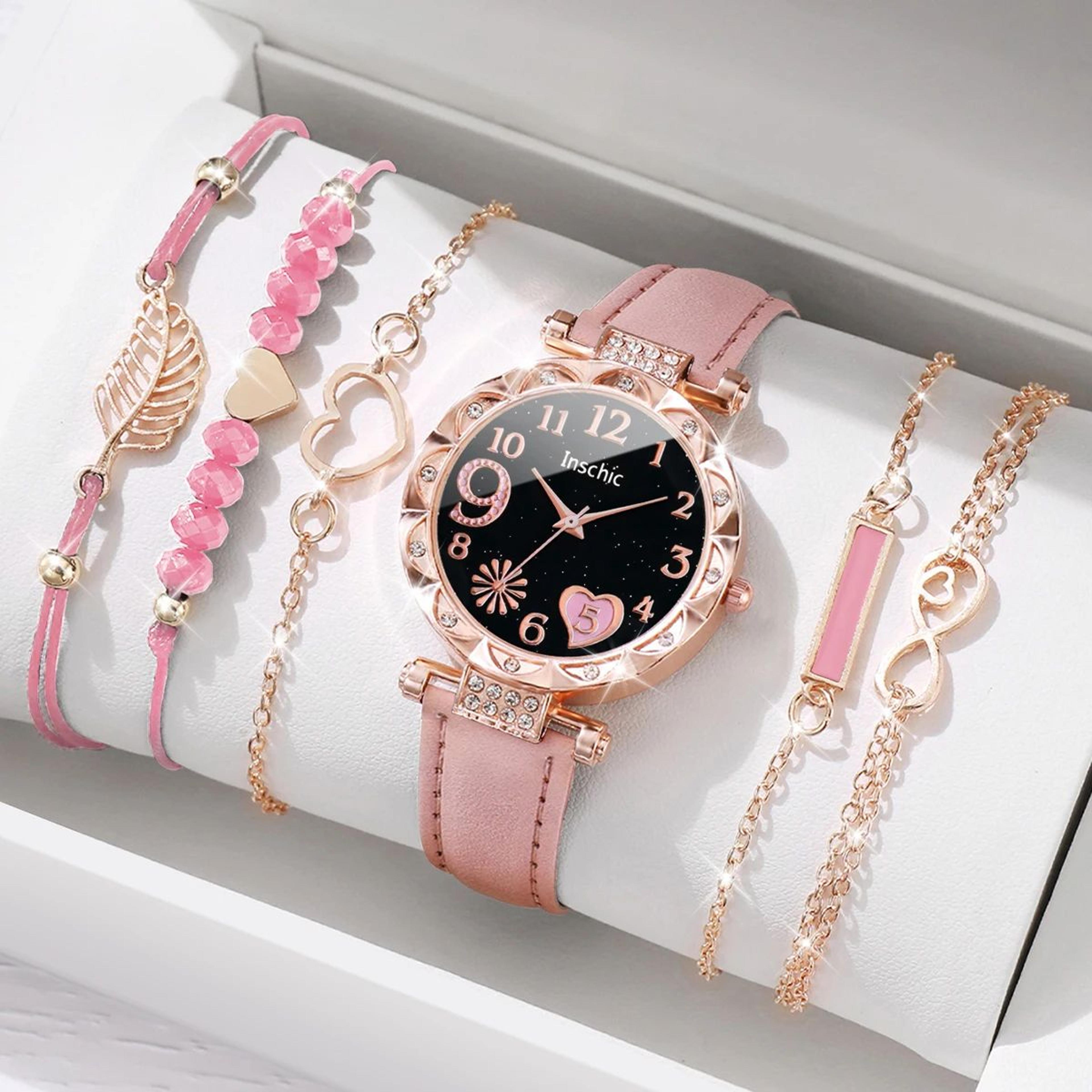 heart dial leather watch and leaf bracelet set