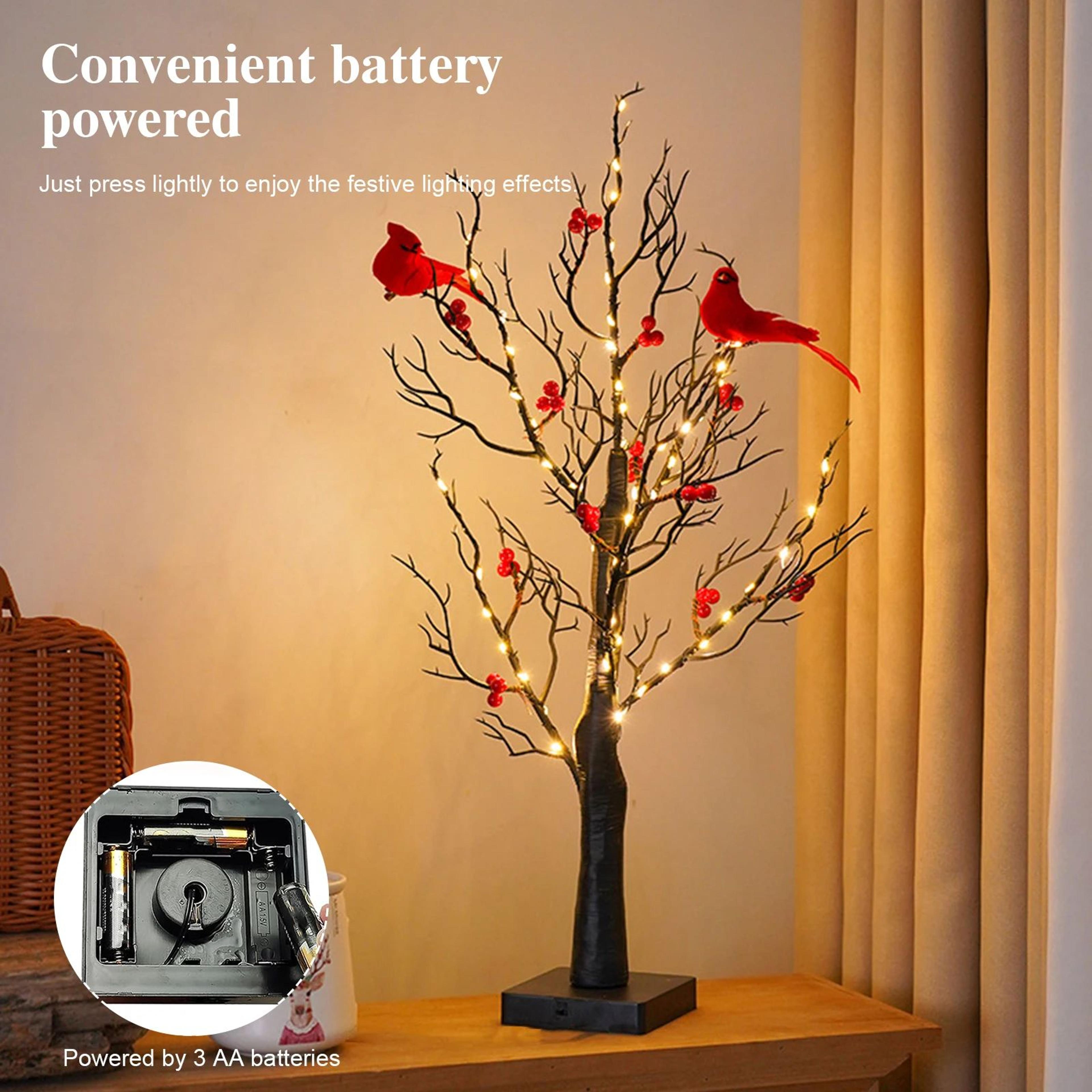 led vintage glowing tree with cardinals and red berries