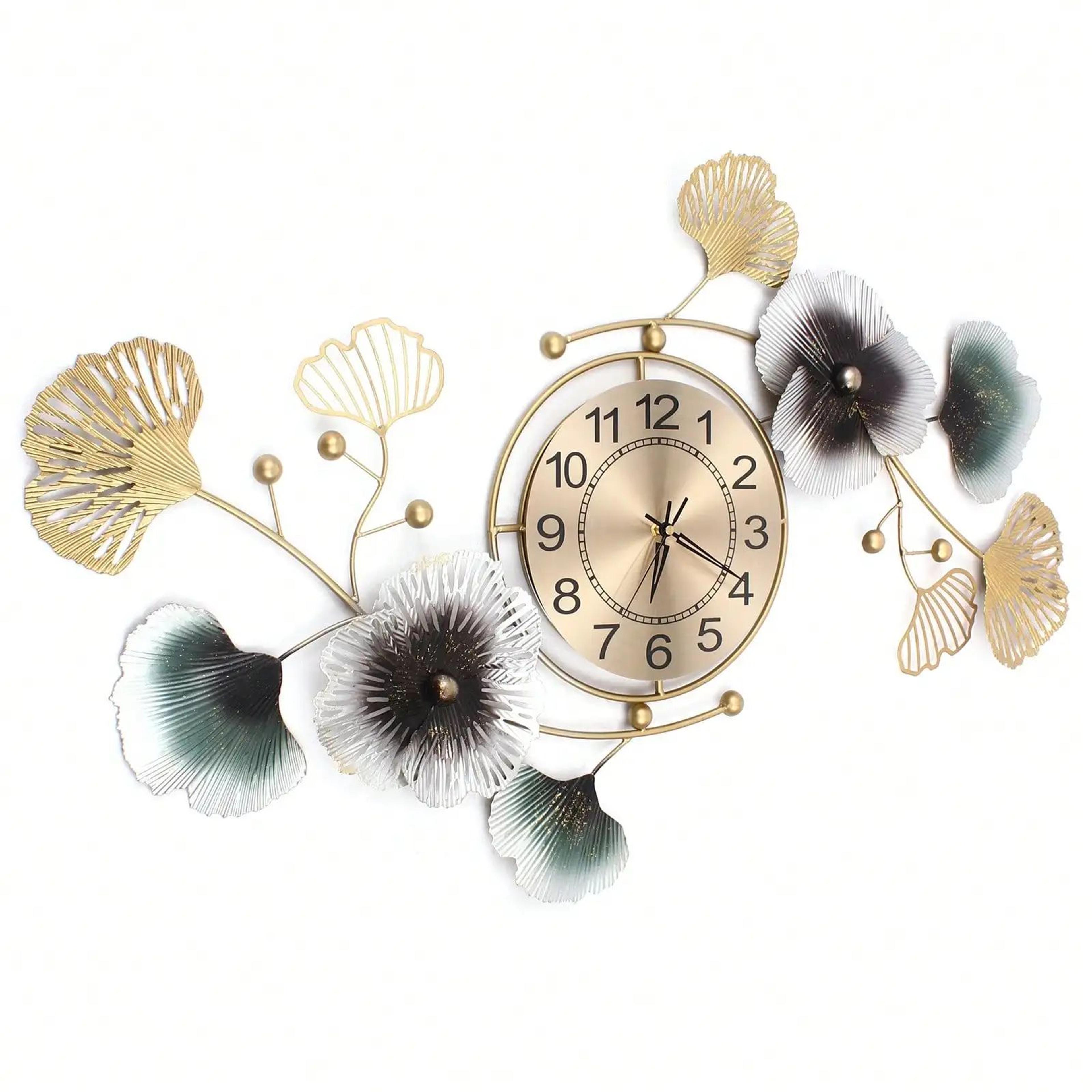 Large Luxury Ginkgo Leaf Silent Wall Clock 90x45 Cm 2
