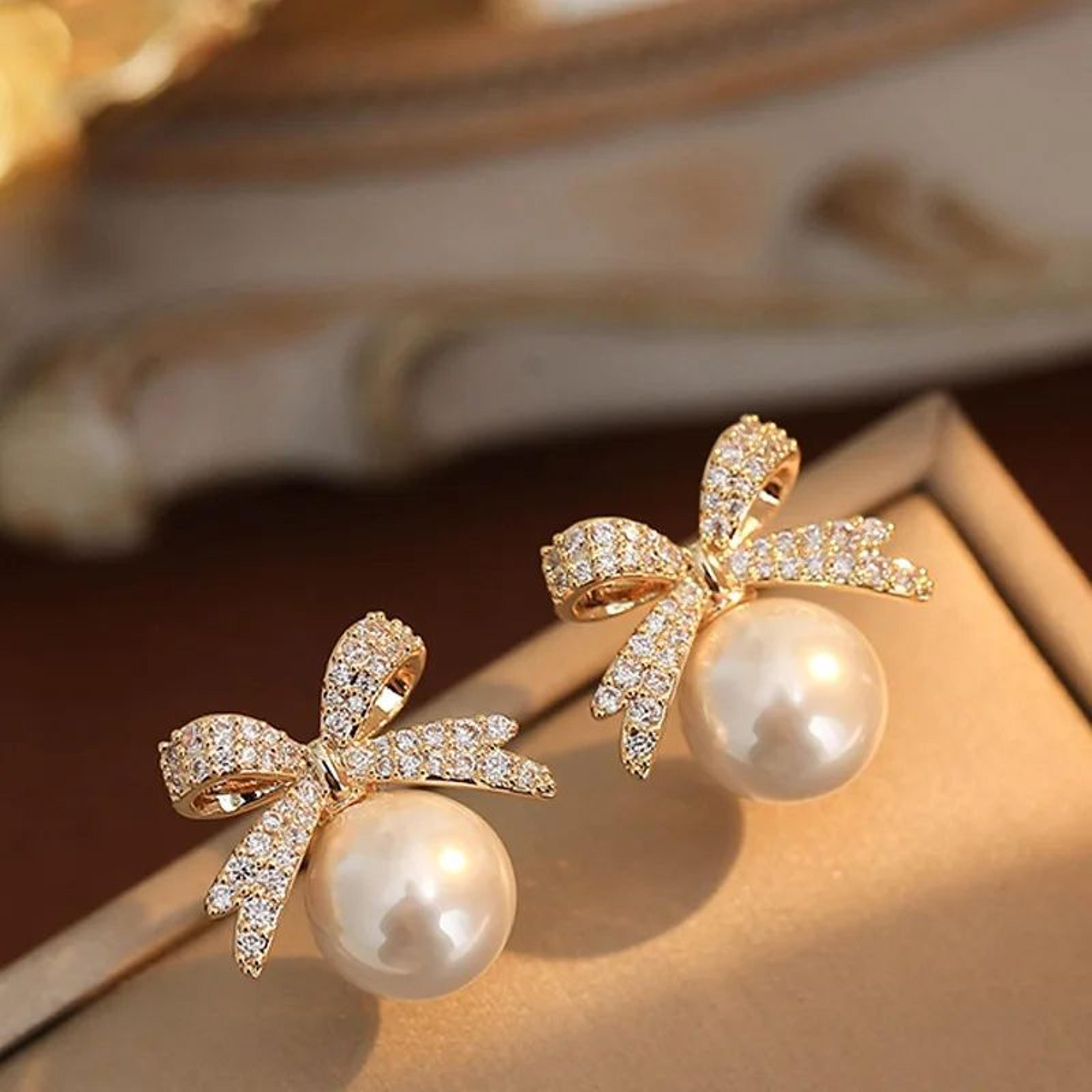 Rhinestone Bow Pearl Stud Earrings Elegant Womens Jewelry 4
