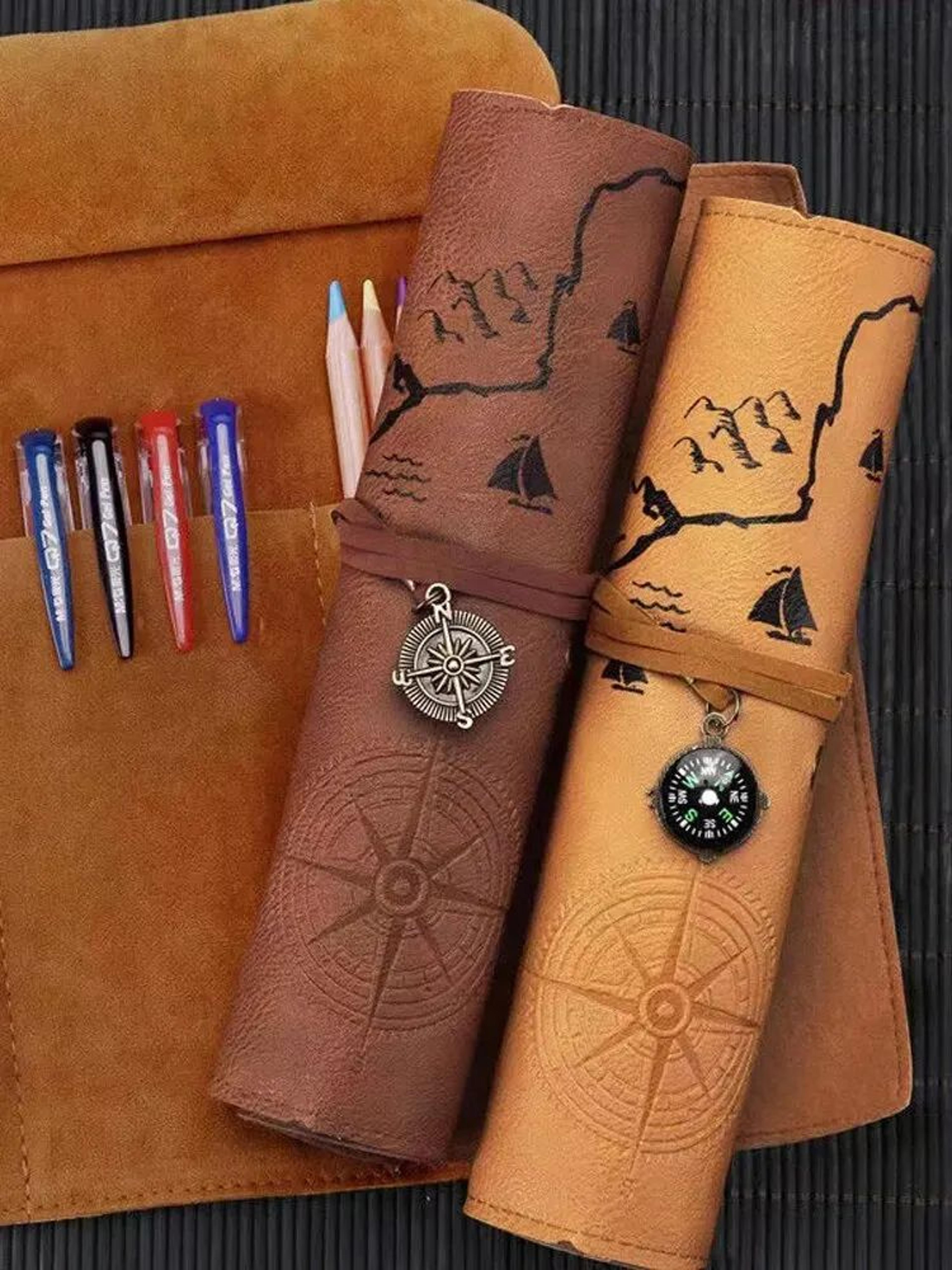 Retro Leather Roll Pencil Case Large Capacity Organizer 4