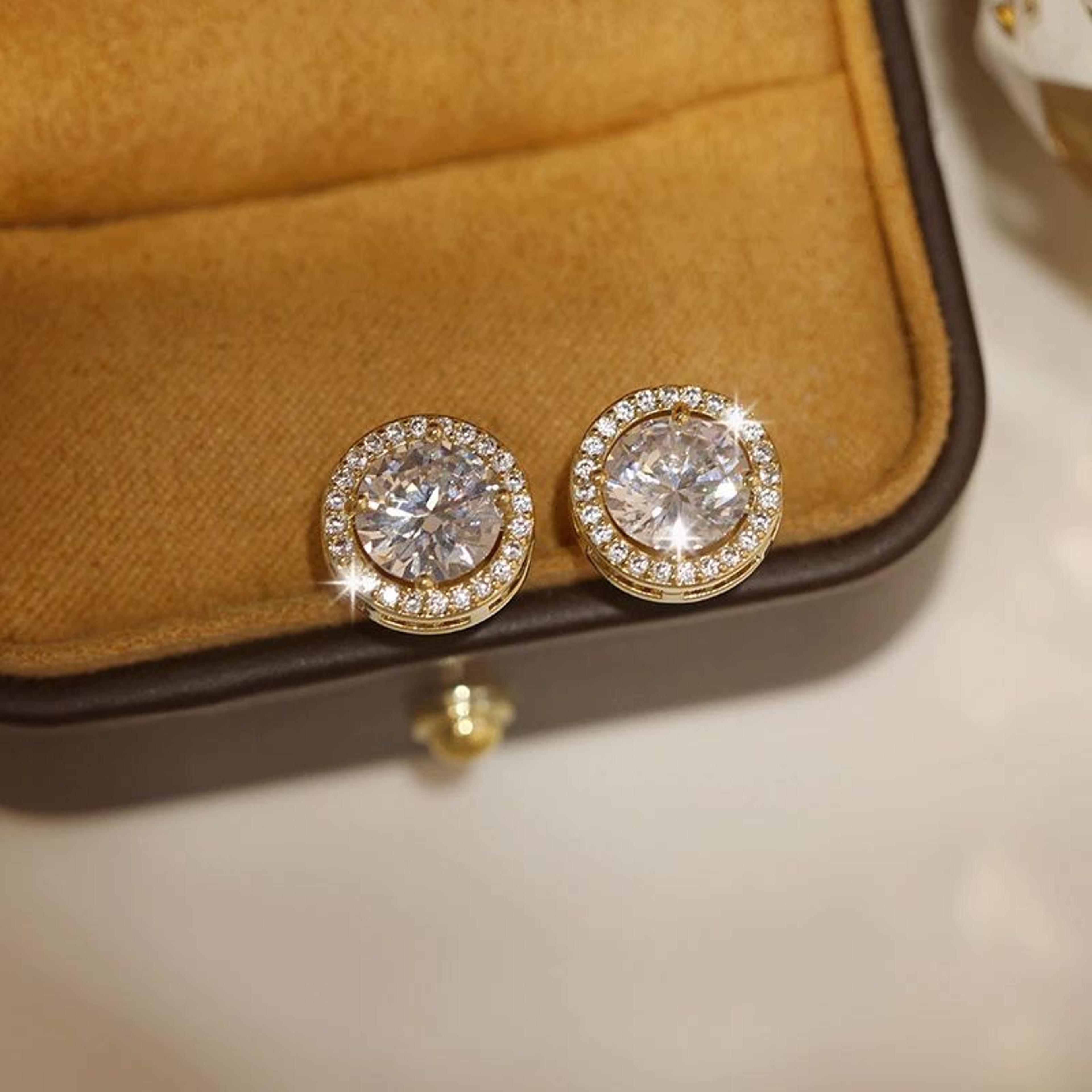 White Zircon Crystal Stud Earrings Gold Color Vintage Style 2