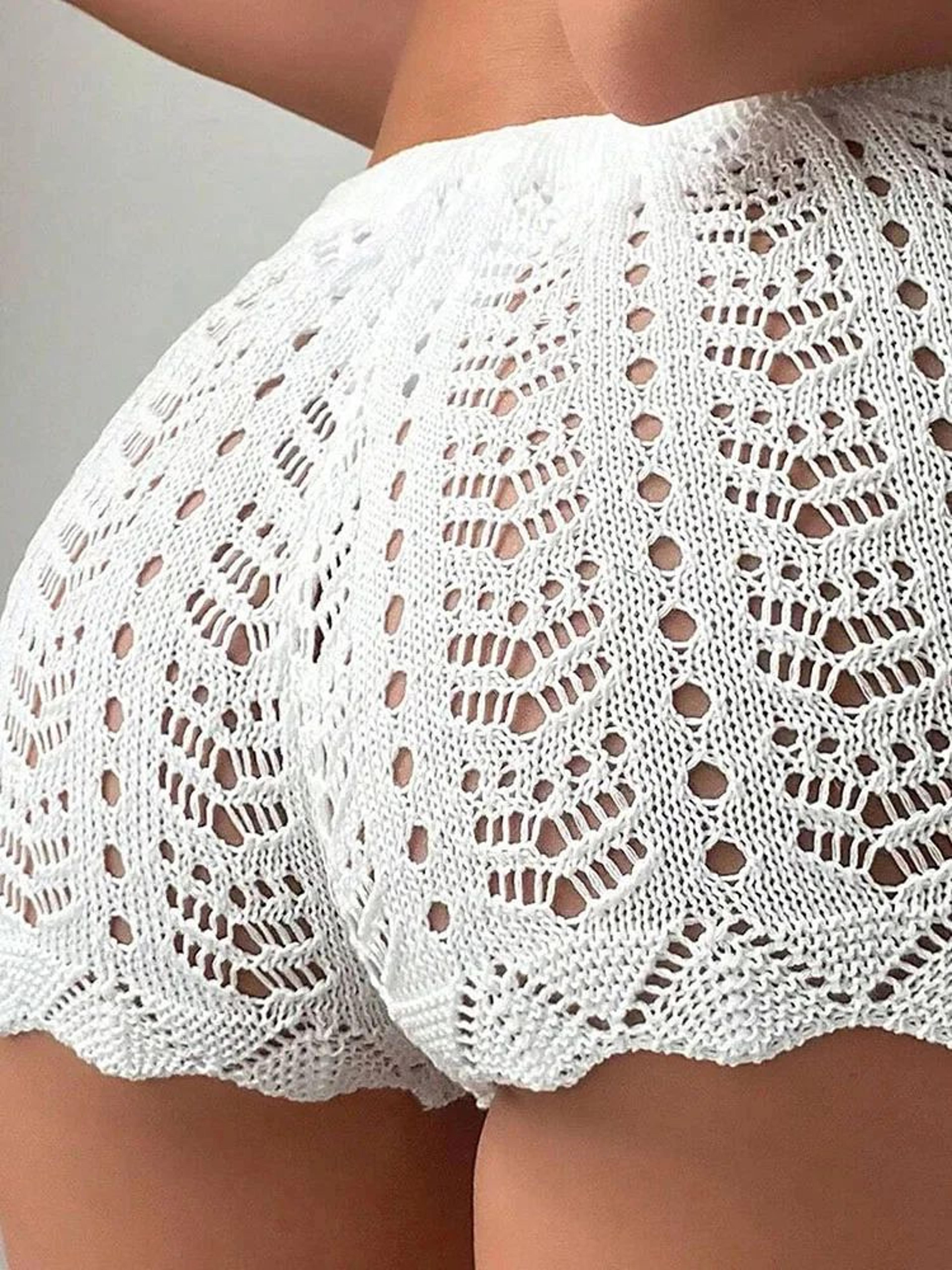 Women Hollow Knit Drawstring Beach Bikini Shorts 3