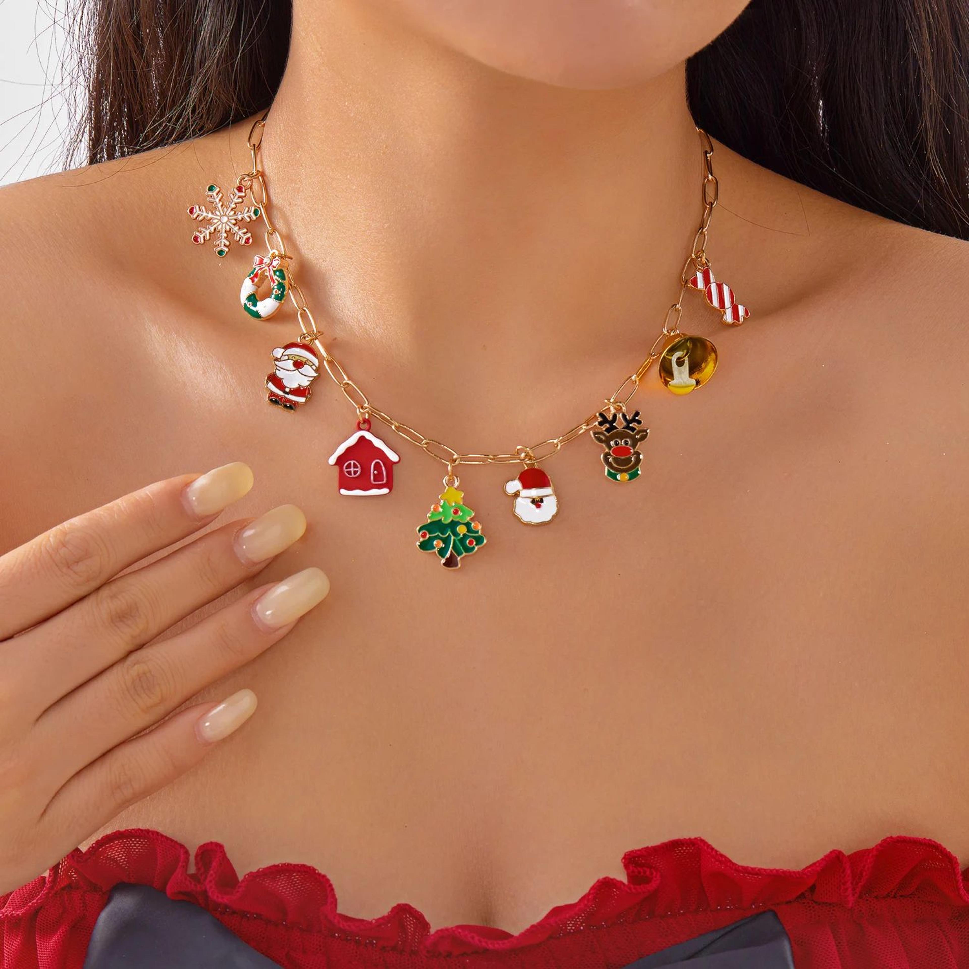 Rhinestone Christmas Tree Snowflake Pendant Necklace 7