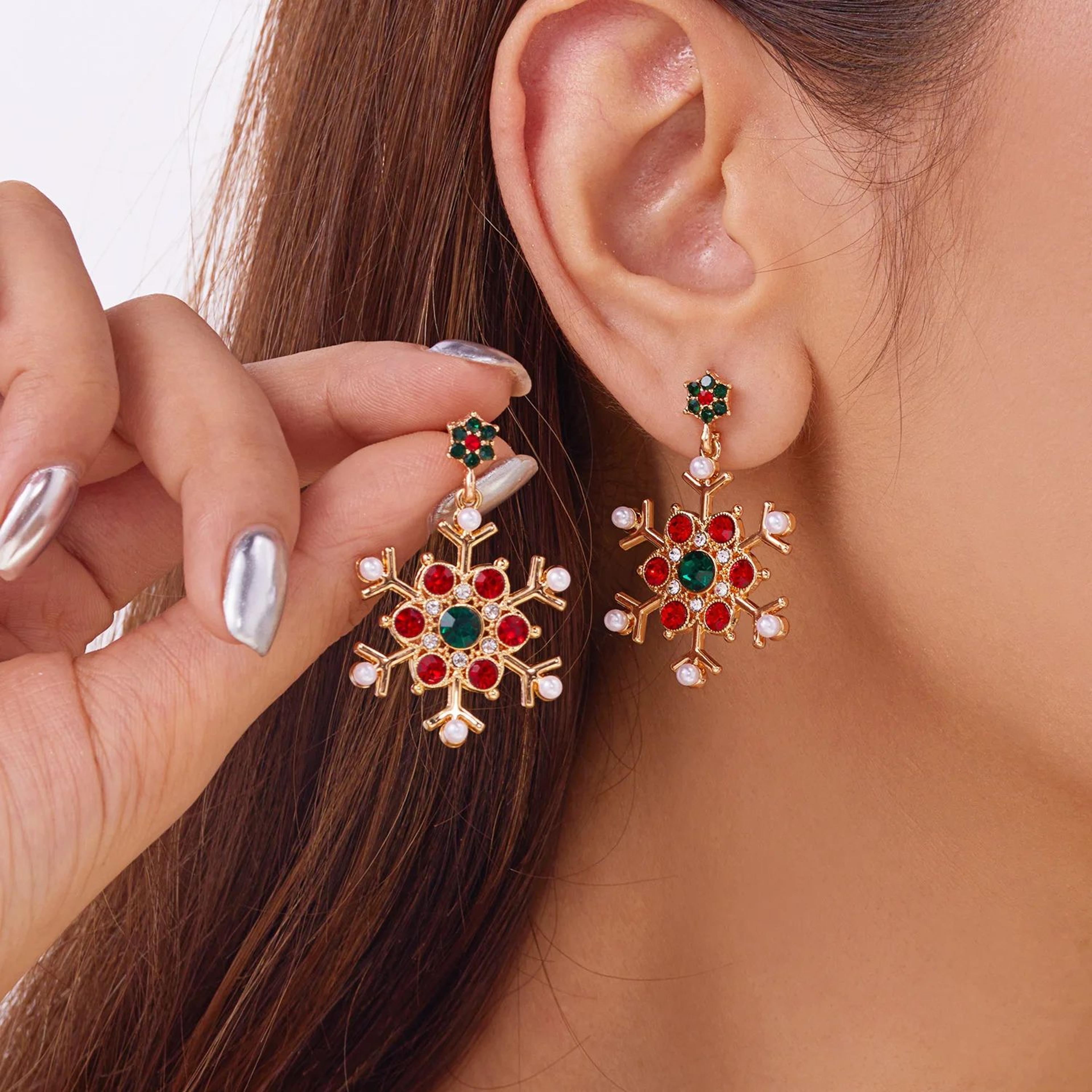 crystal snowflake pearl christmas stud earrings for women