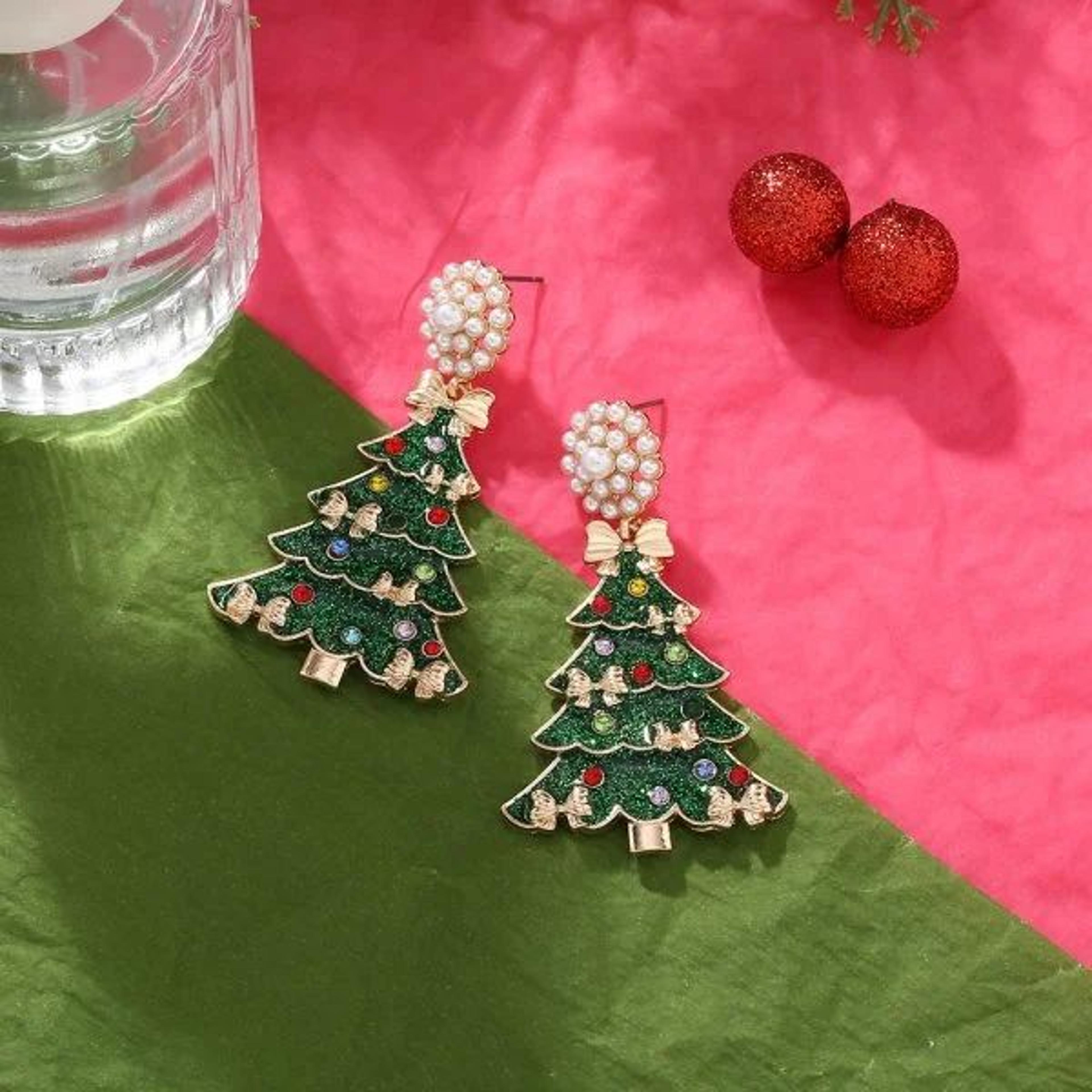 Green Christmas Tree Zircon Star Earrings For Women 7