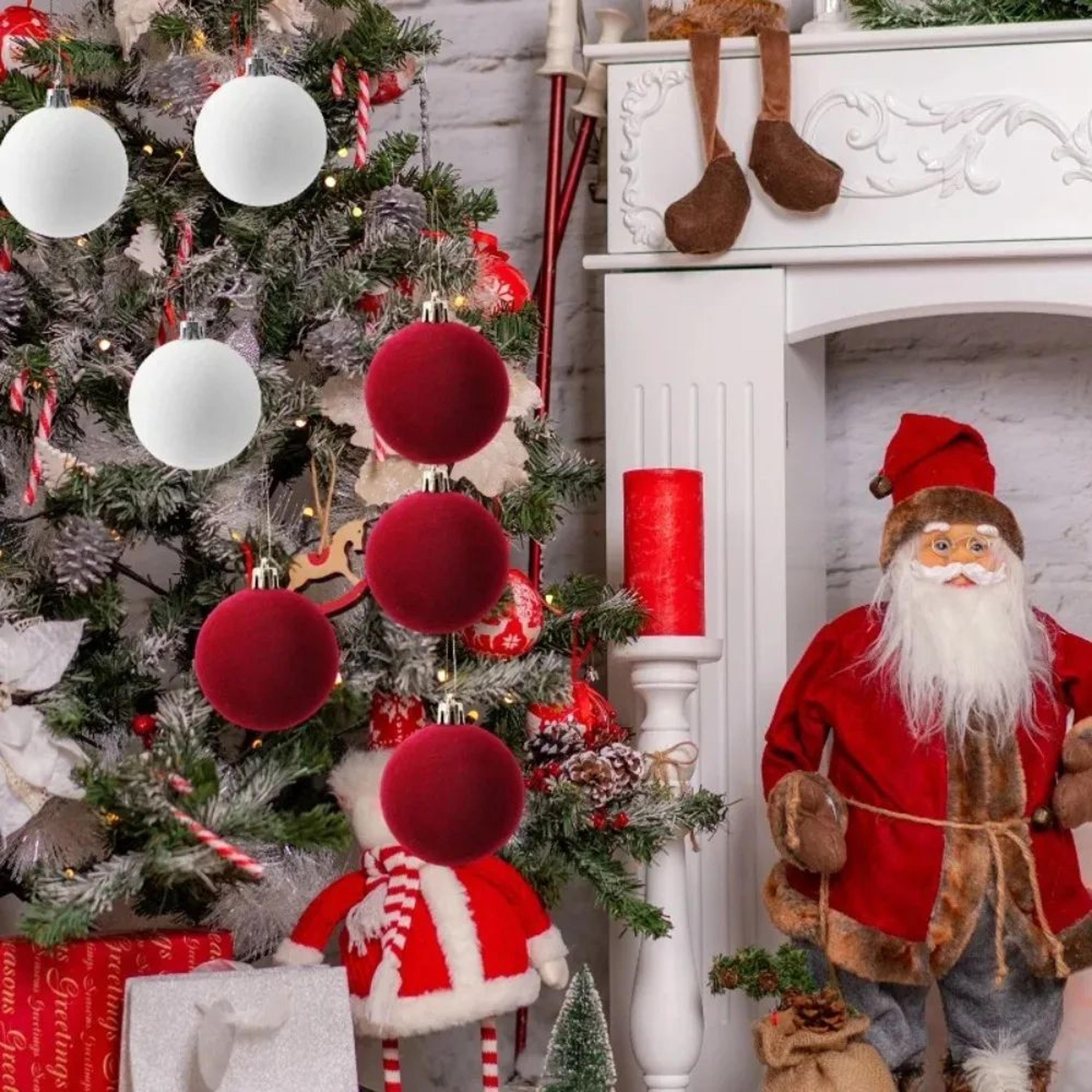 Red Flocked Christmas Ball Ornaments 6cm Tree Decorations 4