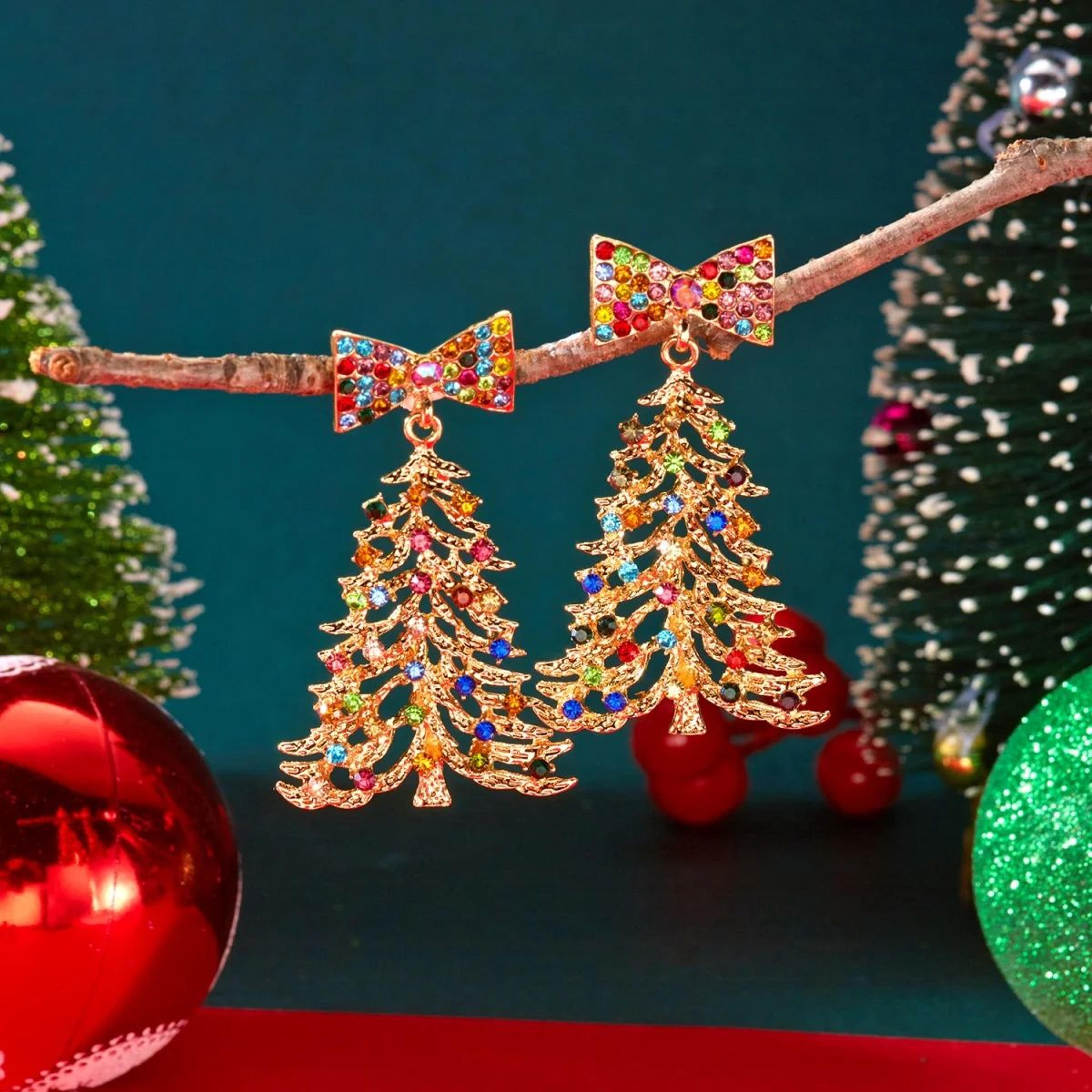 Colorful Rhinestone Bow Christmas Tree Drop Earrings 4