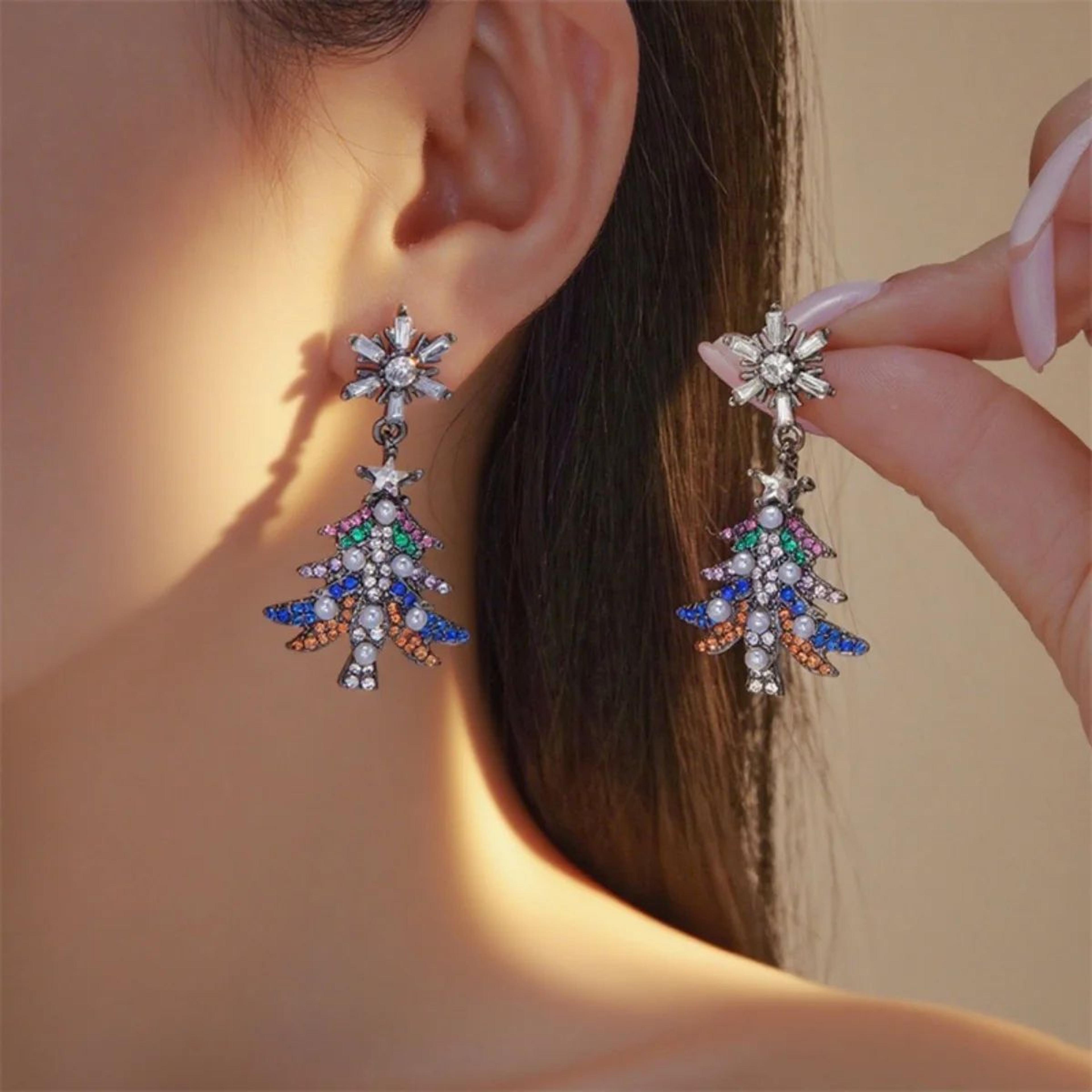 Rhinestone Pearl Christmas Snowflake Tree Drop Earrings 10