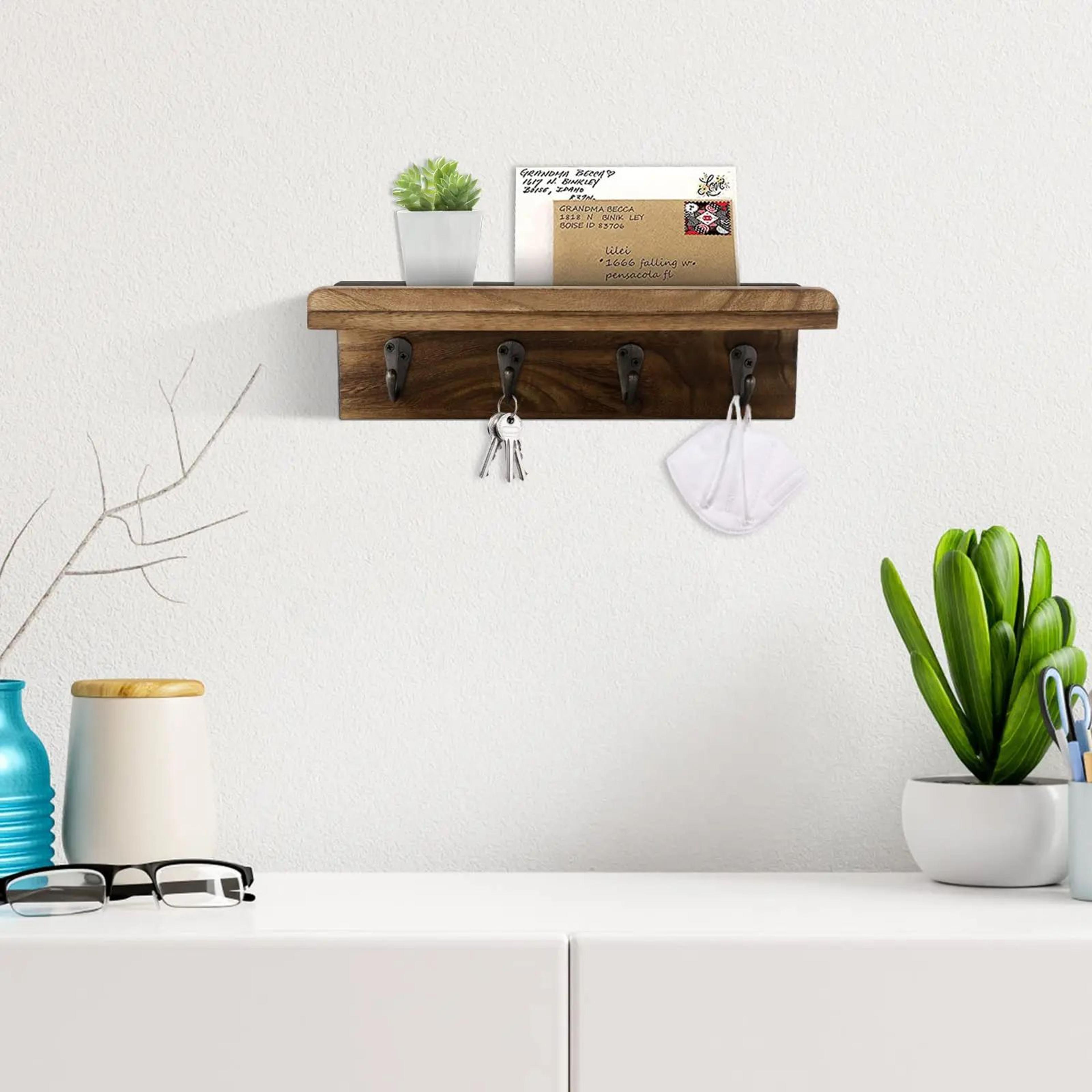 Farmhouse Rustic Wood Key Holder Wall Shelf With Hooks 1