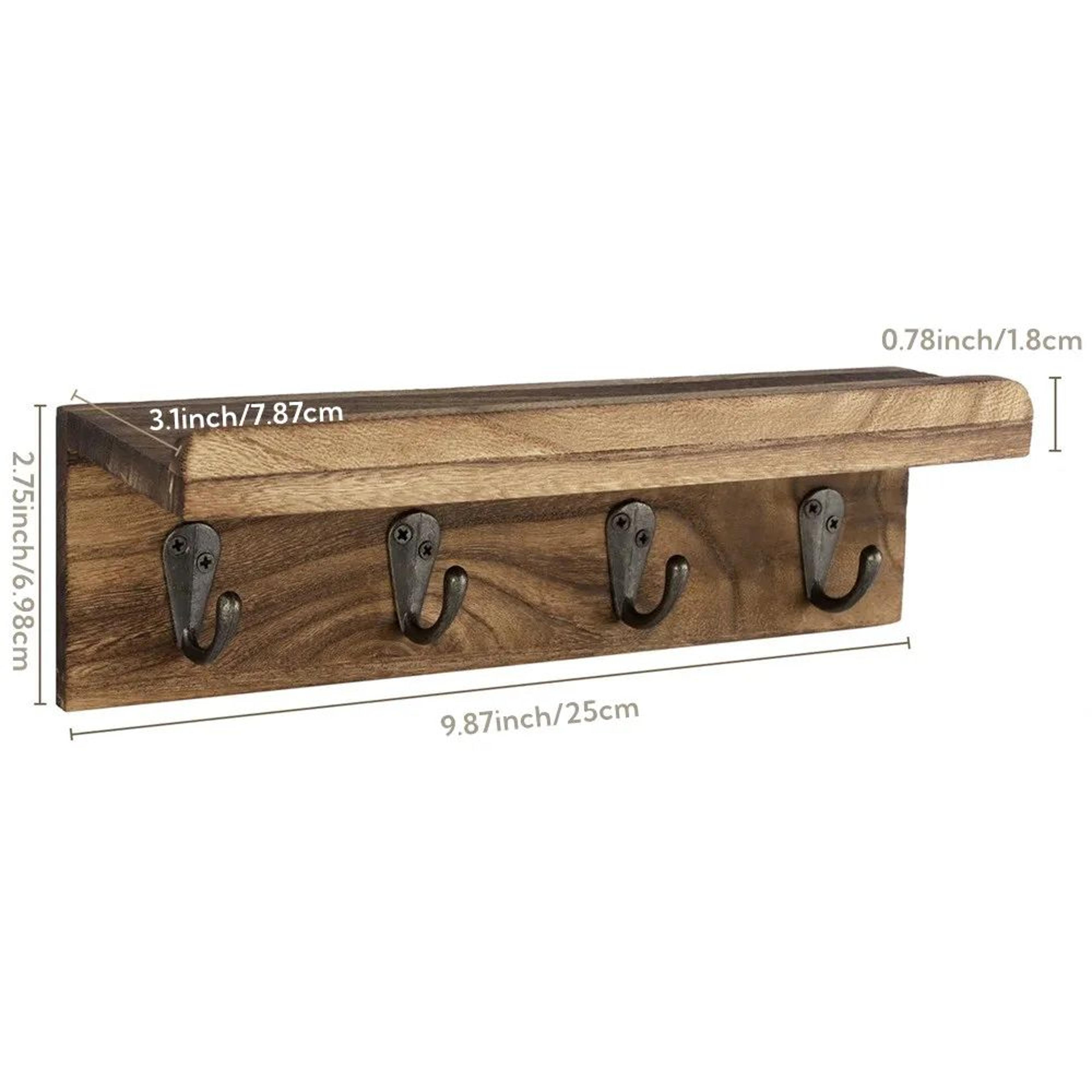 Farmhouse Rustic Wood Key Holder Wall Shelf With Hooks 5