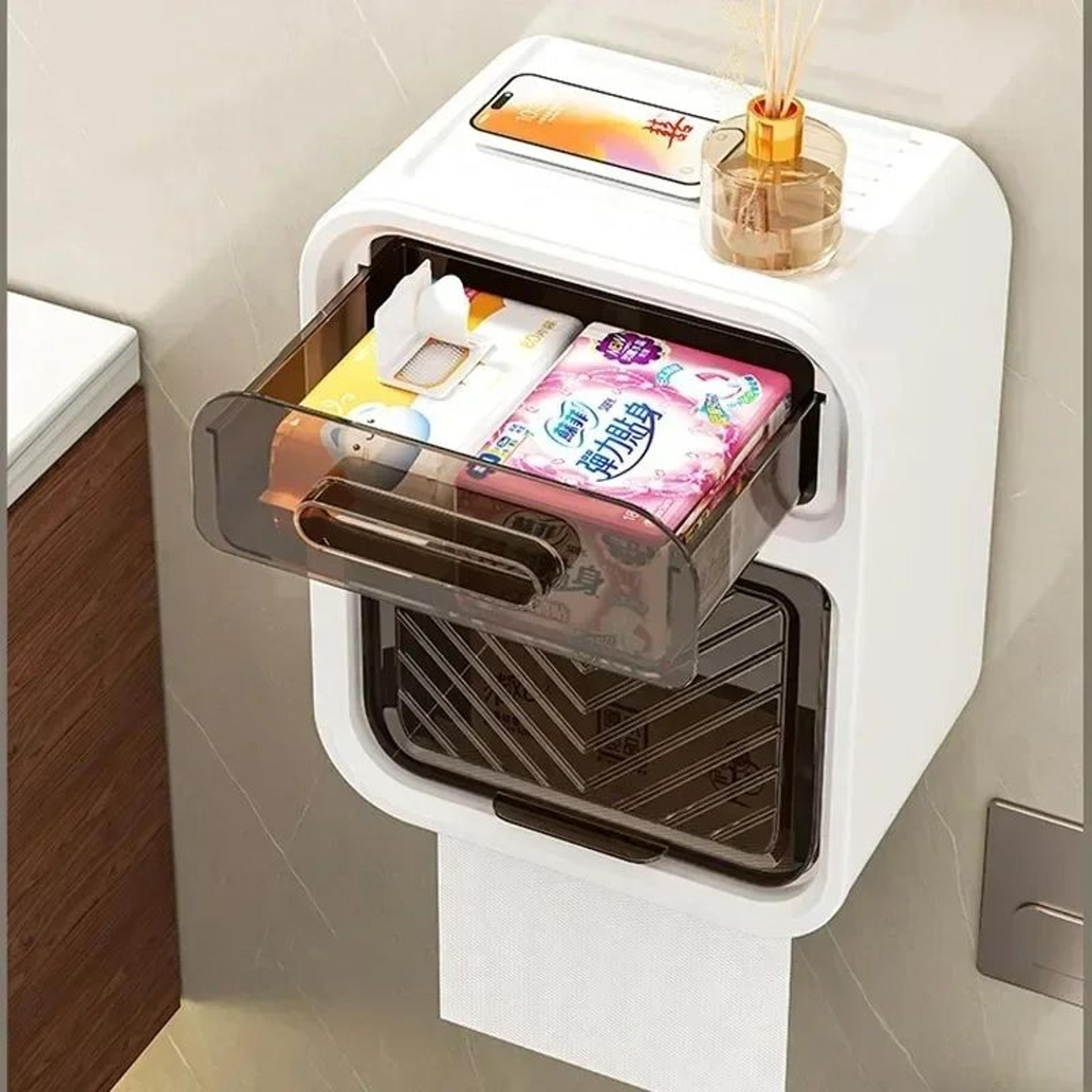 Wall Mounted Toilet Tissue Holder With Storage Rack 9