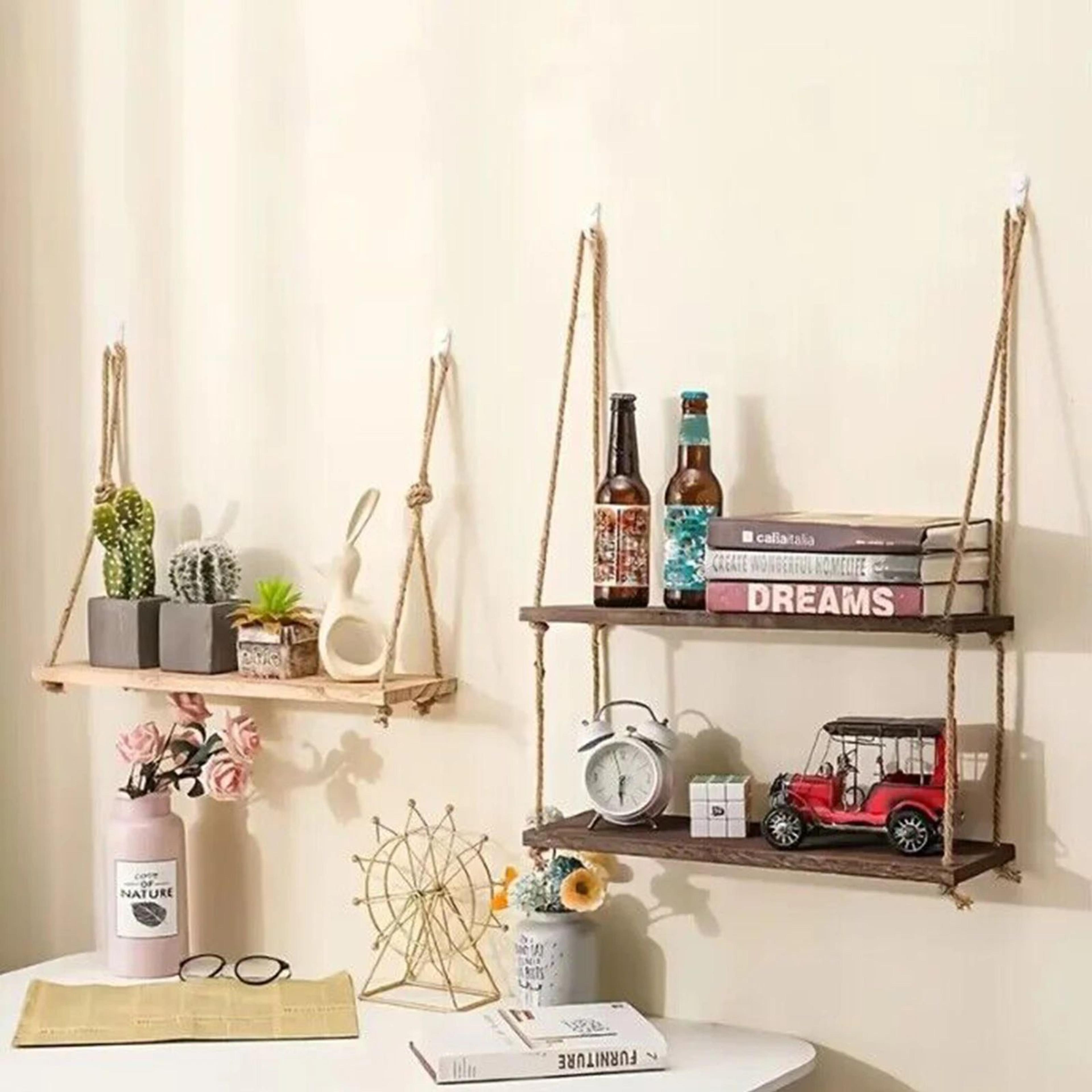 Wooden Hanging Floating Shelf With Rope Decor 2