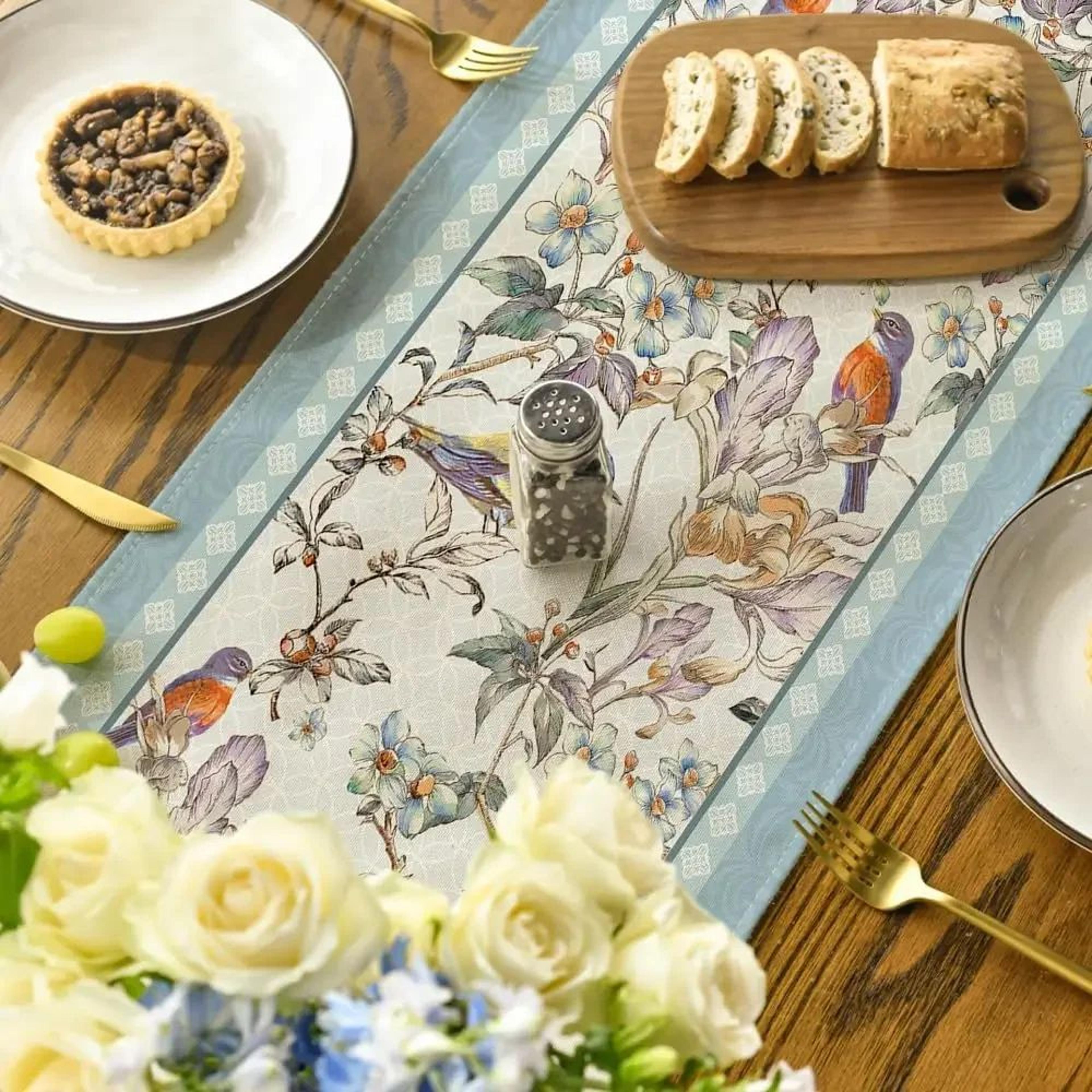 Blue Birds Floral Linen Table Runner Decor 3
