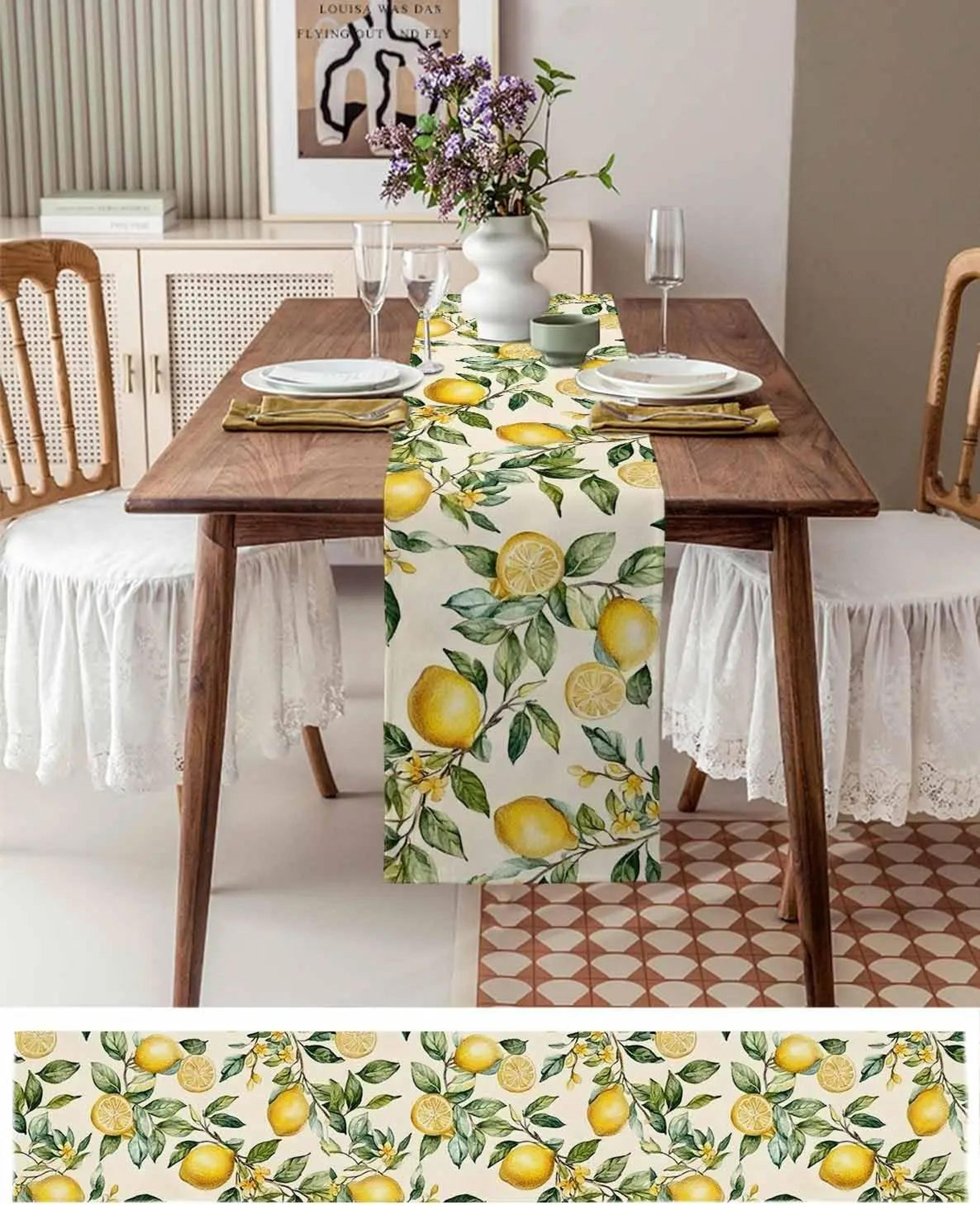 Watercolor Lemon Linen Table Runner 3