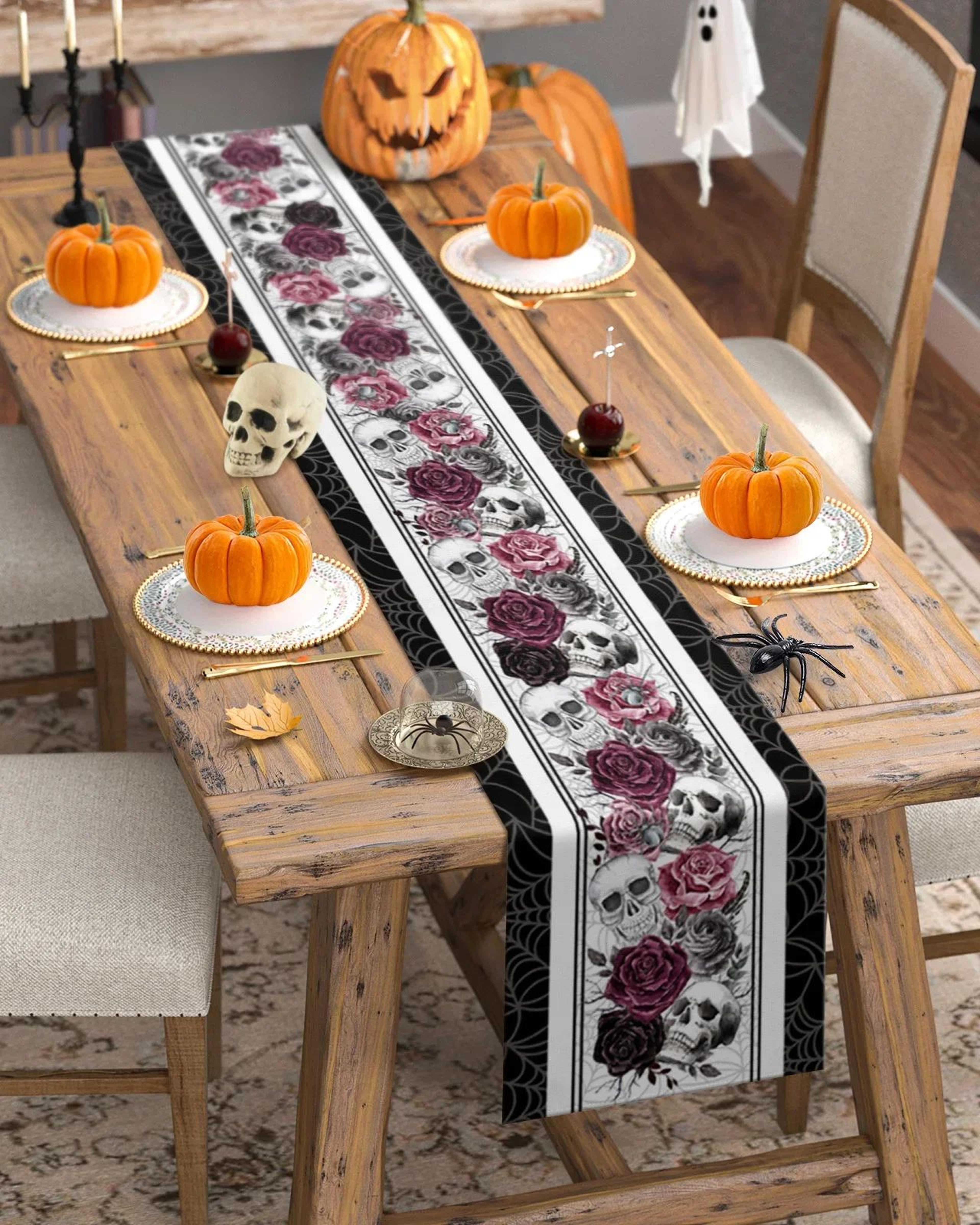 Halloween Skull Crow Linen Table Runner 4