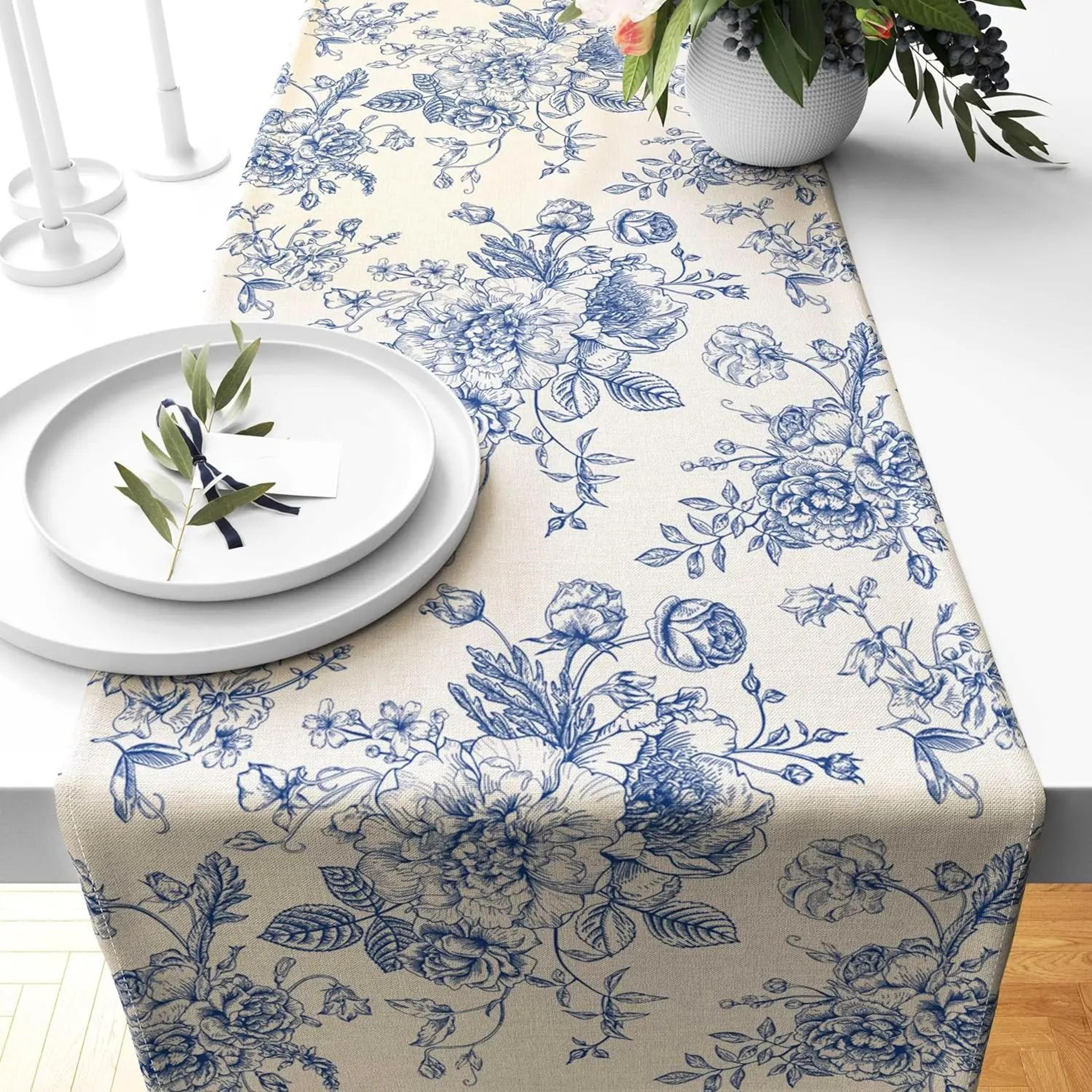 Chinoiserie Blue Floral Linen Table Runner 1