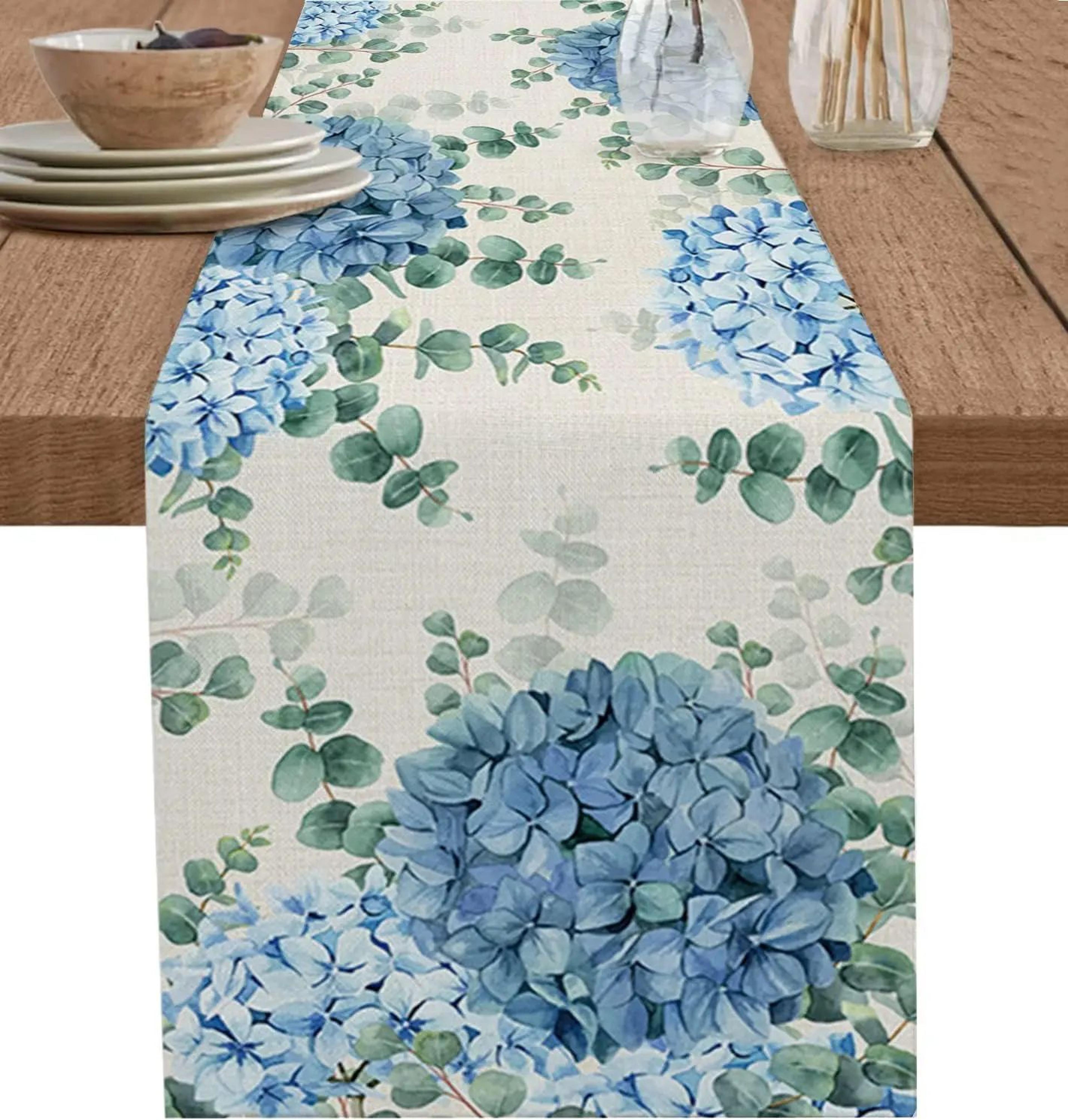 blue hydrangea eucalyptus table runner