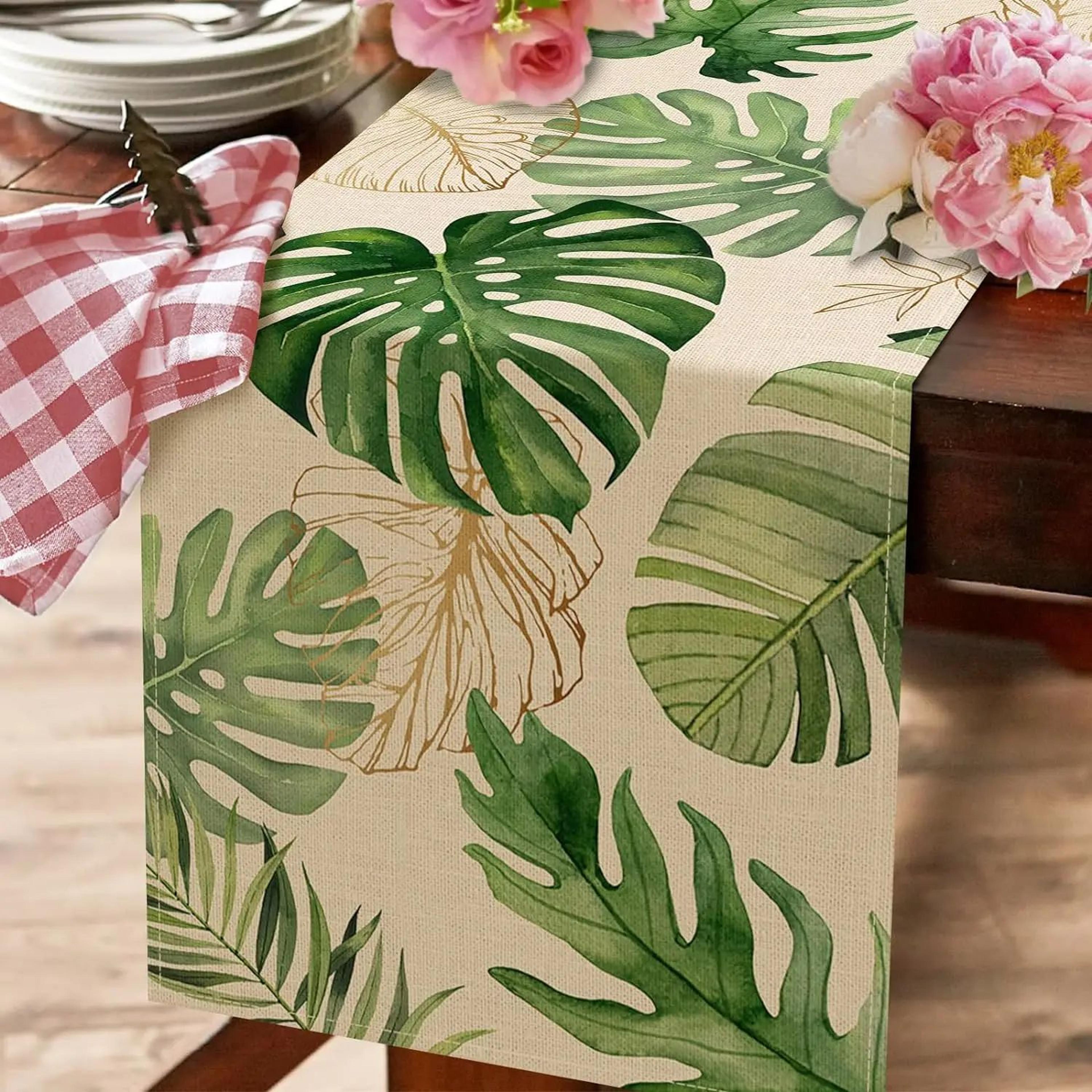 Tropical Palm Leaves Linen Table Runner 1