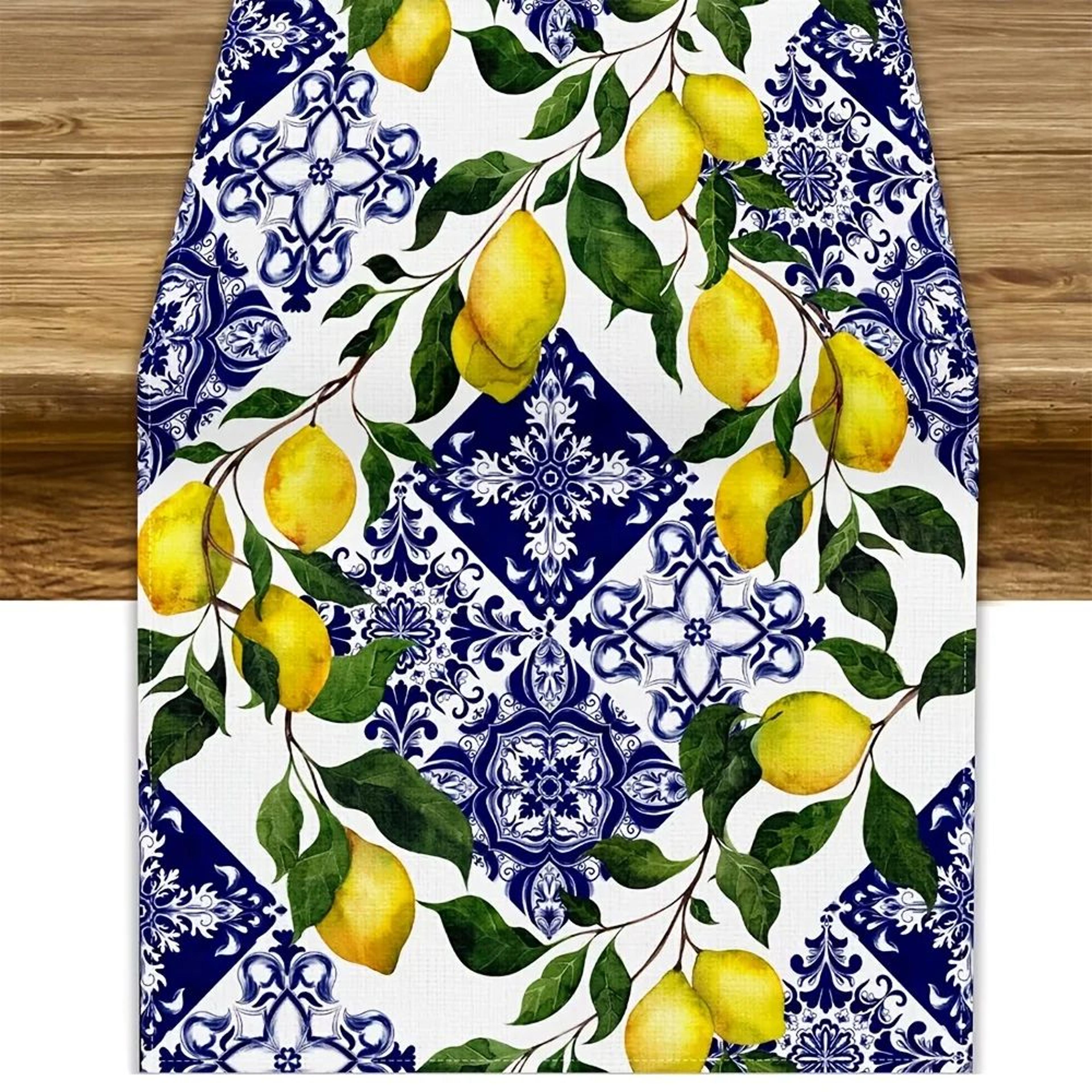 blue lemon linen table runner decor