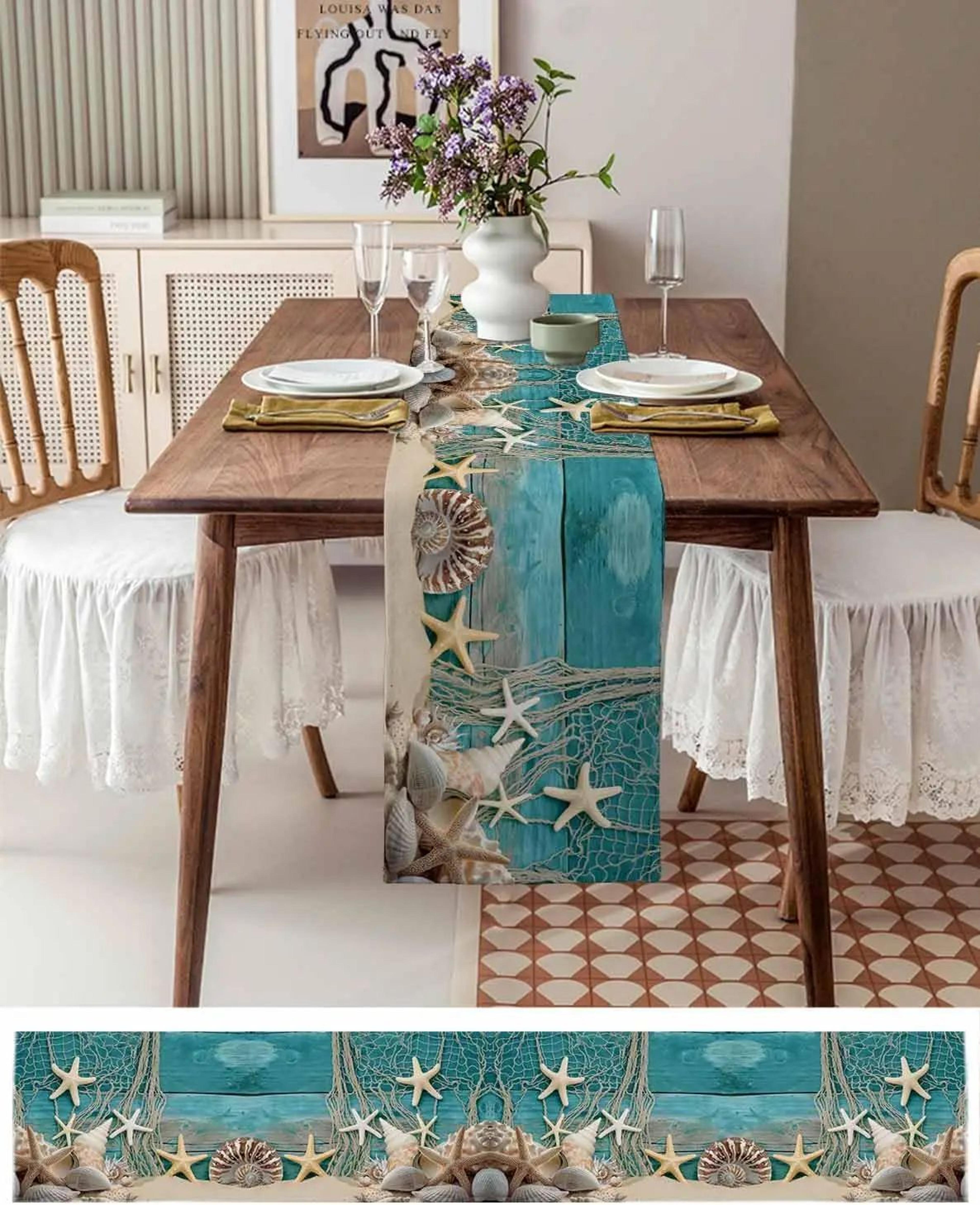 Beach Starfish Shell Linen Table Runner Ocean Style Decor 1