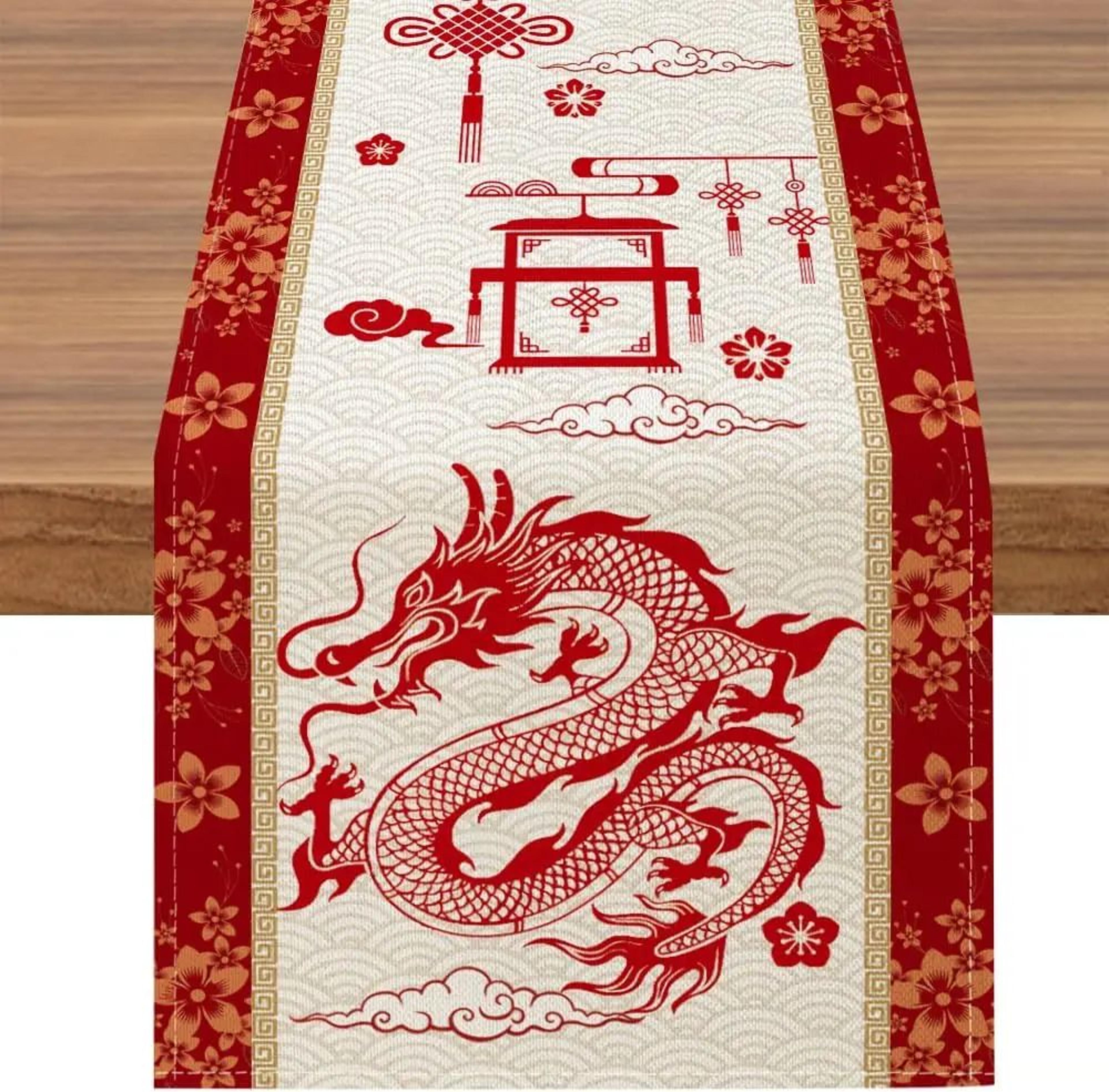 chinese new year dragon linen table runner festive decor