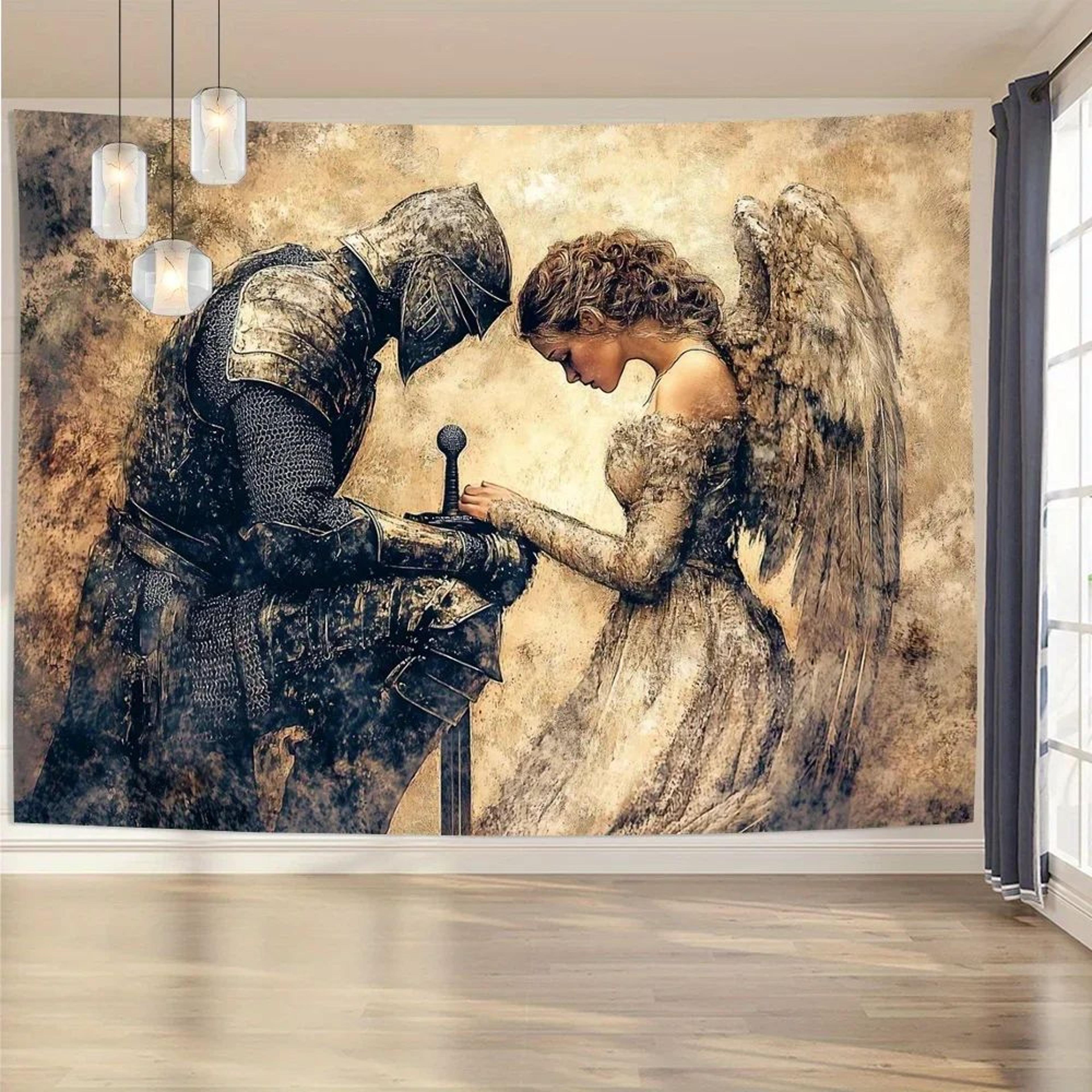 Vintage Knight And Angel Wall Tapestry 1