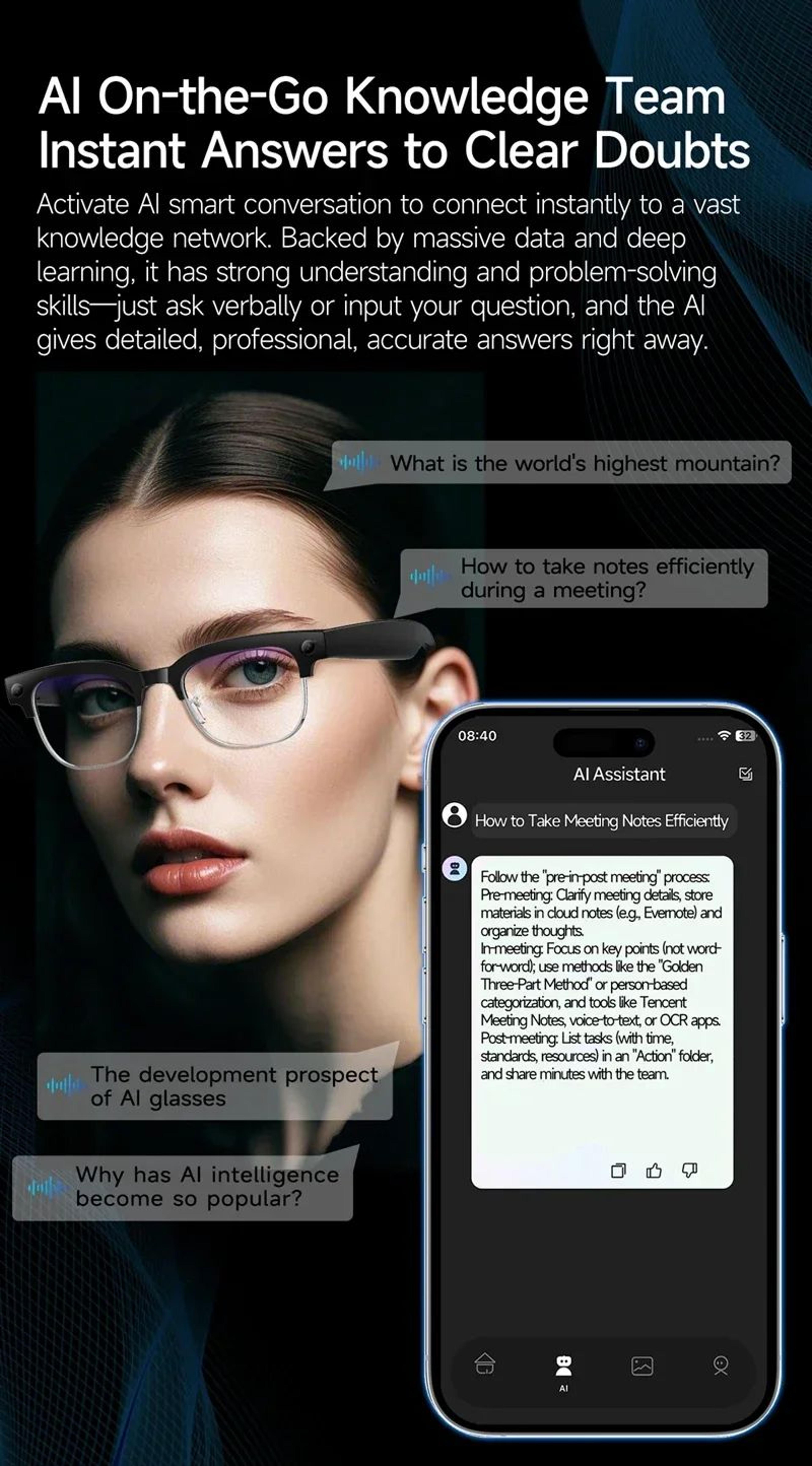 Smart AI Translation Glasses 4K Camera Bluetooth Voice Assistant 10