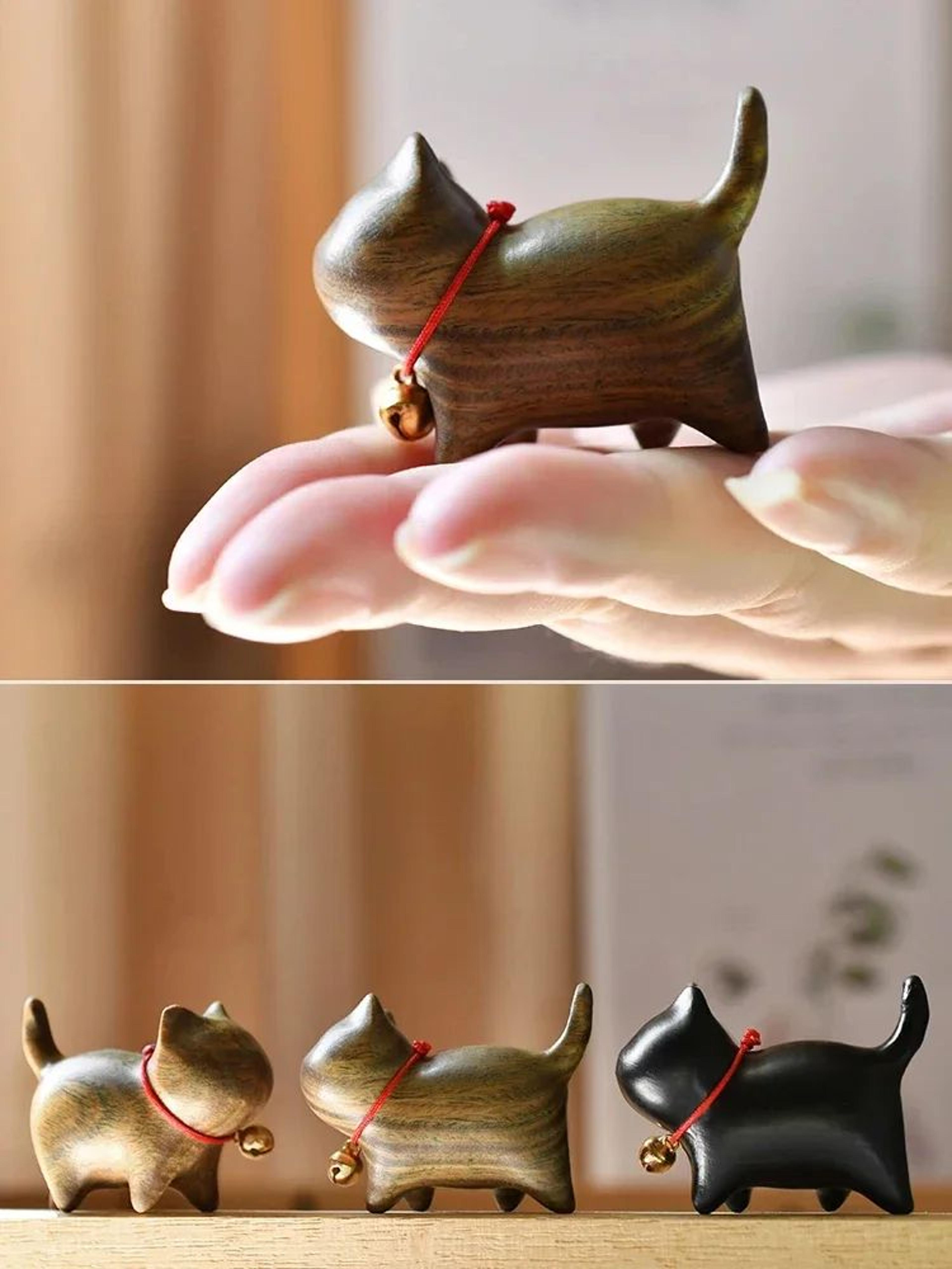 Hand Carved Wooden Cat Figurine Small Natural Wood Decor 6