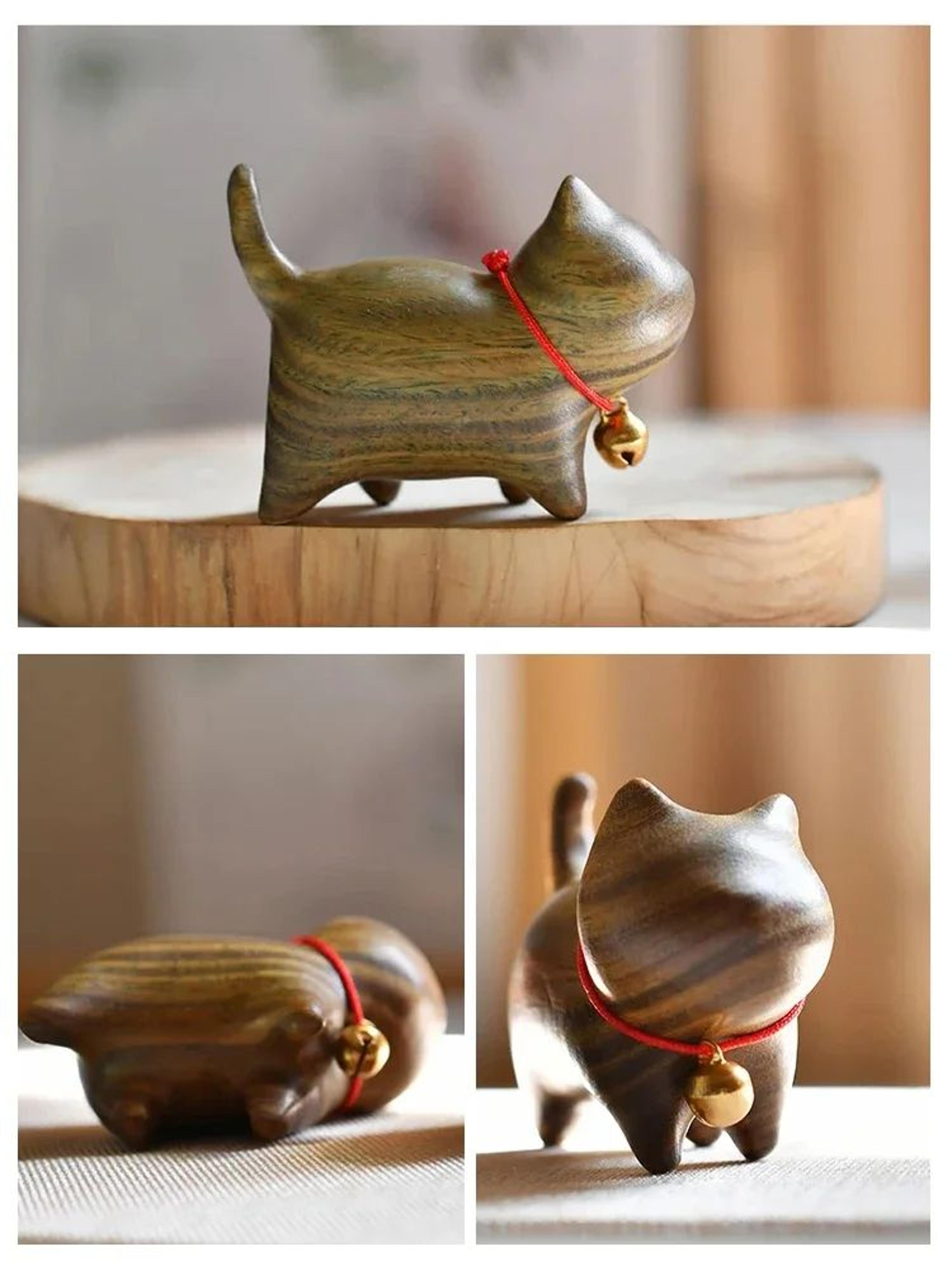 Hand Carved Wooden Cat Figurine Small Natural Wood Decor 7