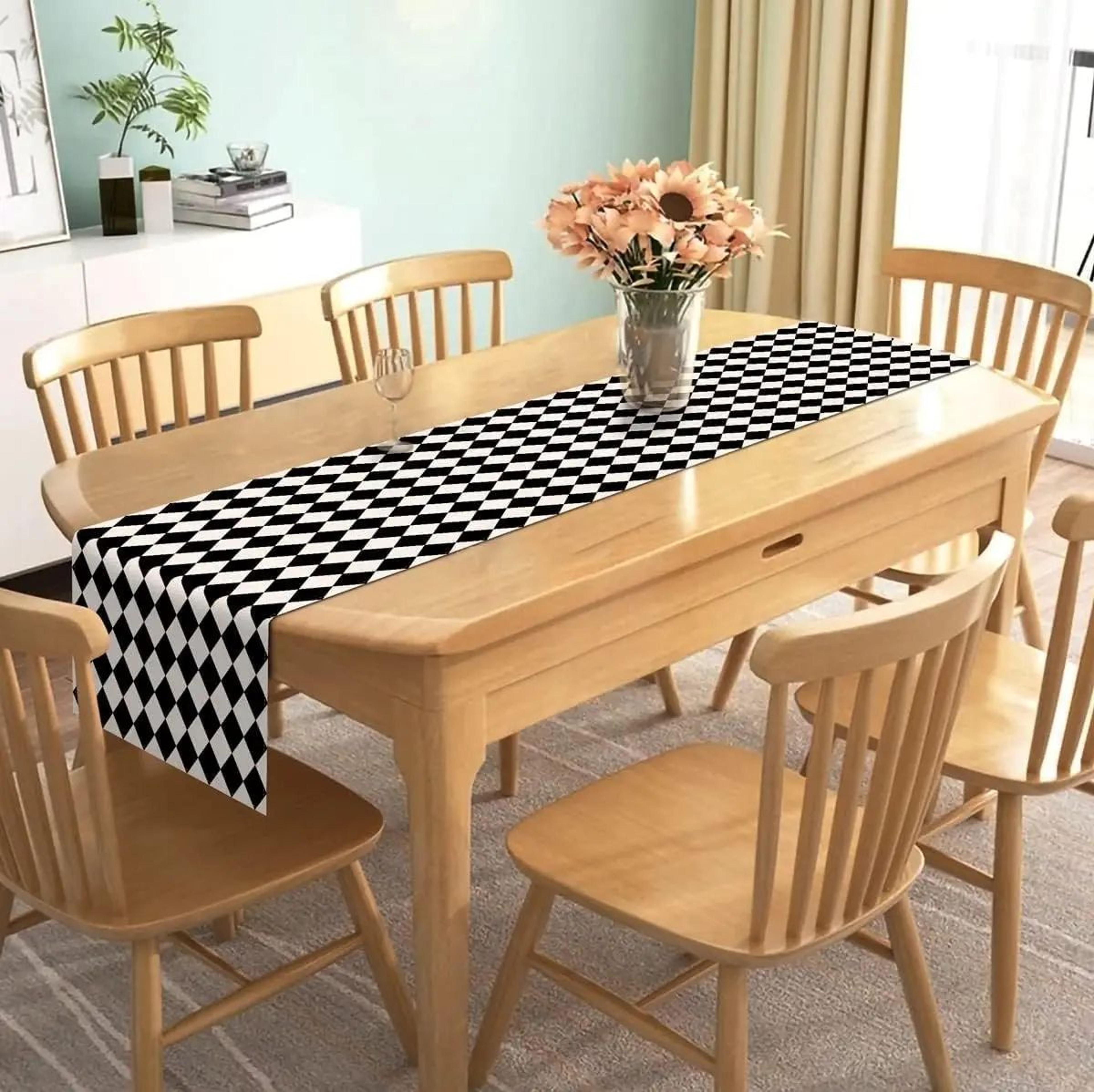 Black White Diamond Lattice Linen Table Runner 1
