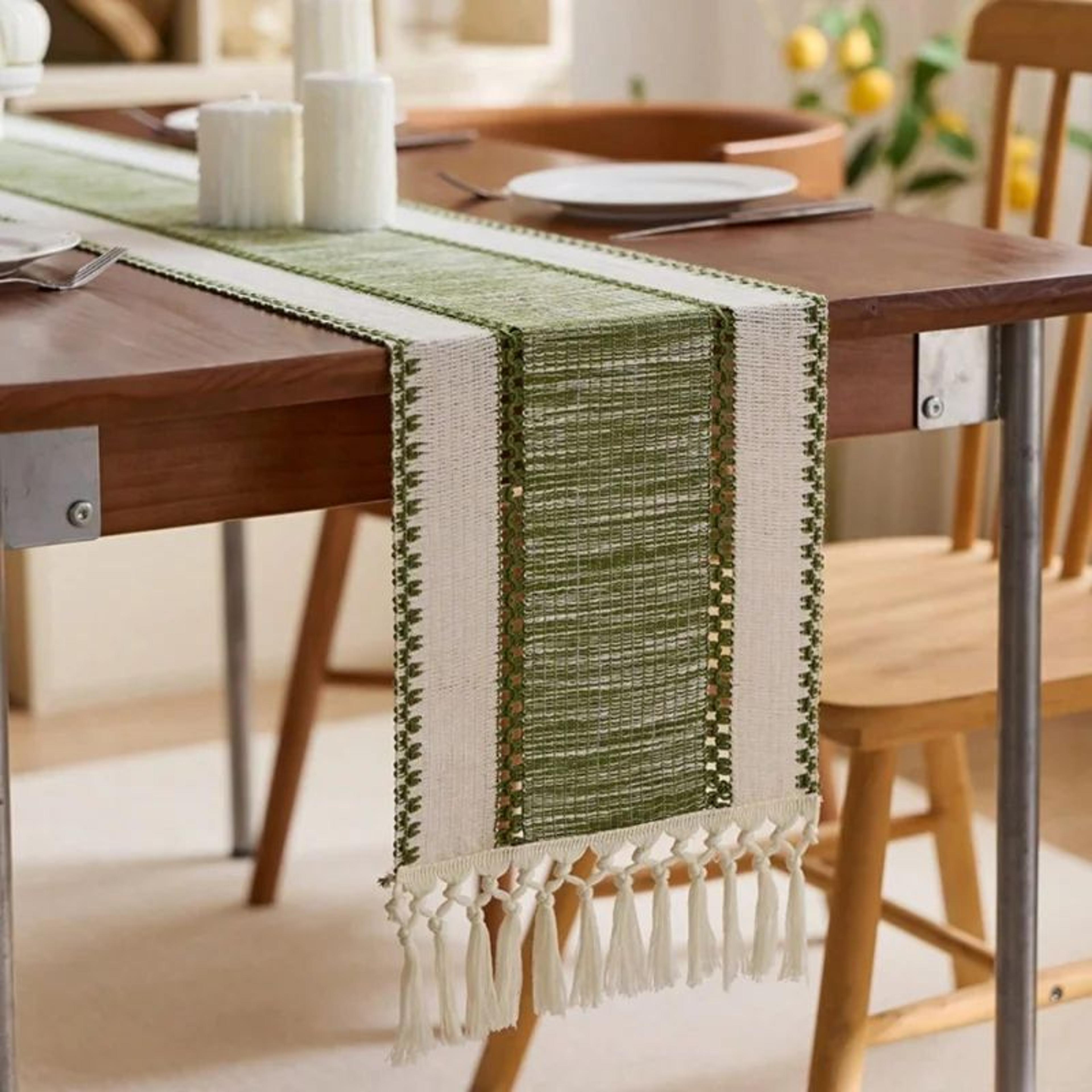 Nordic Boho Green Striped Table Runner 15
