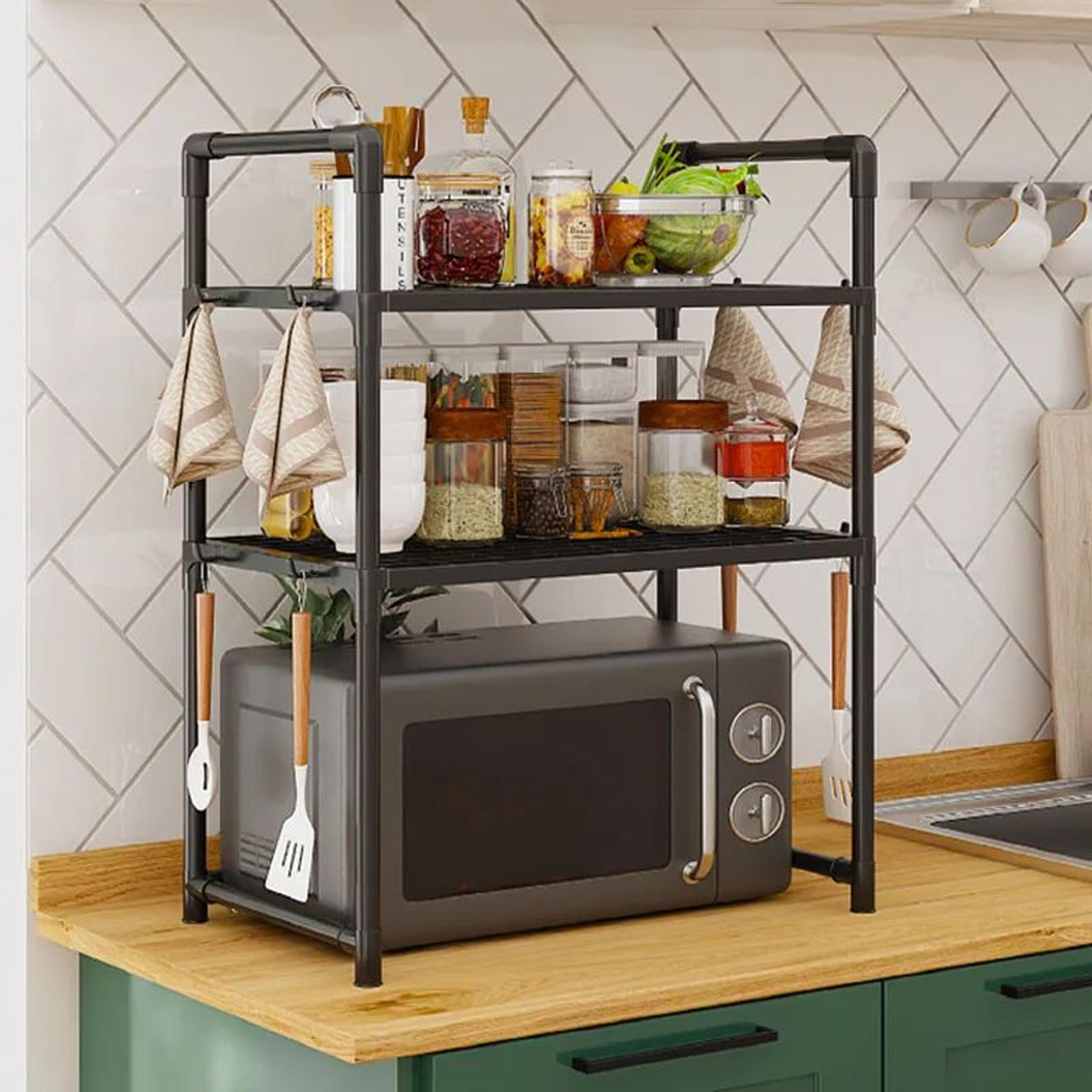 Adjustable Microwave Oven Storage Rack With Hooks 0