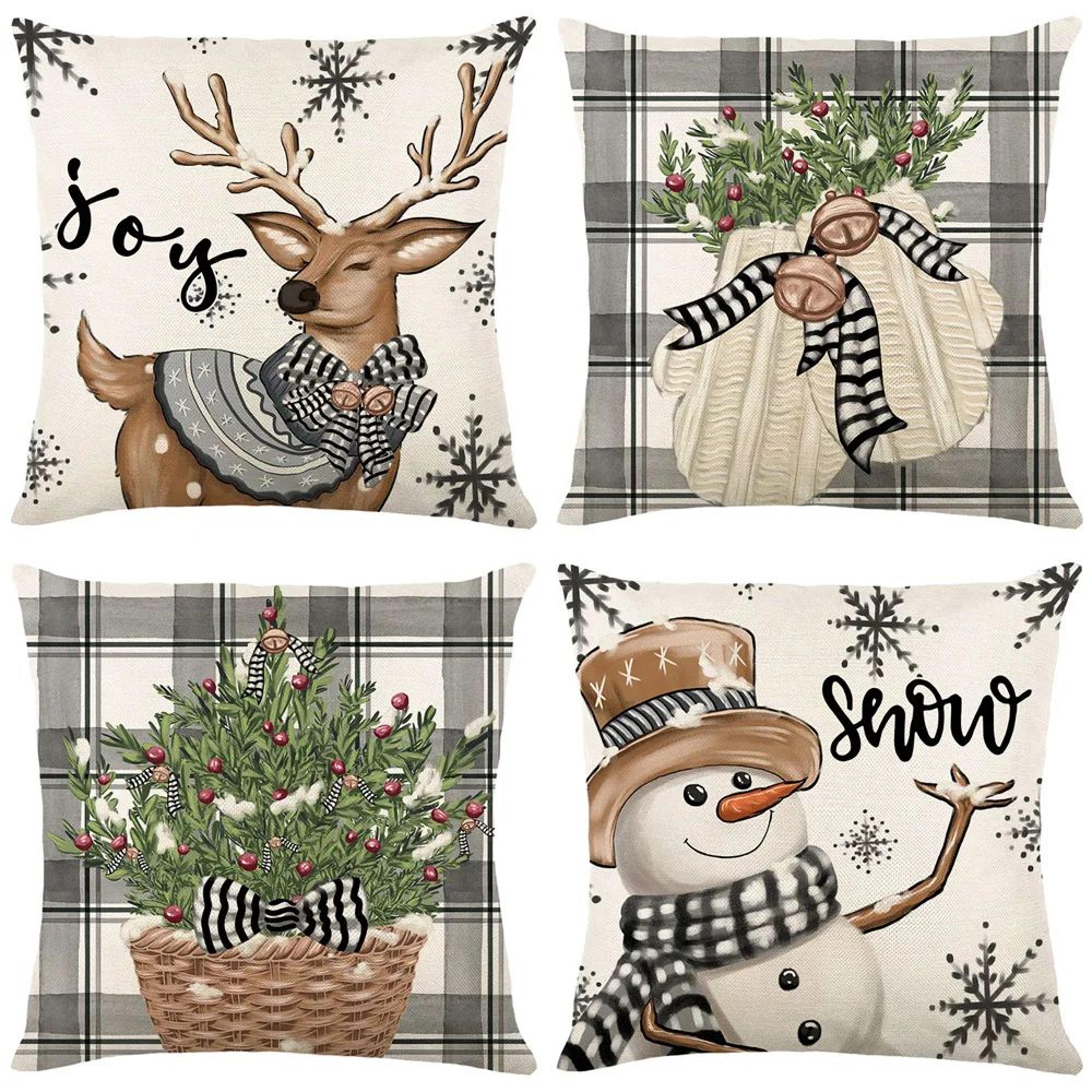 Merry Christmas Linen Pillow Cover With Deer And Tree Design 5