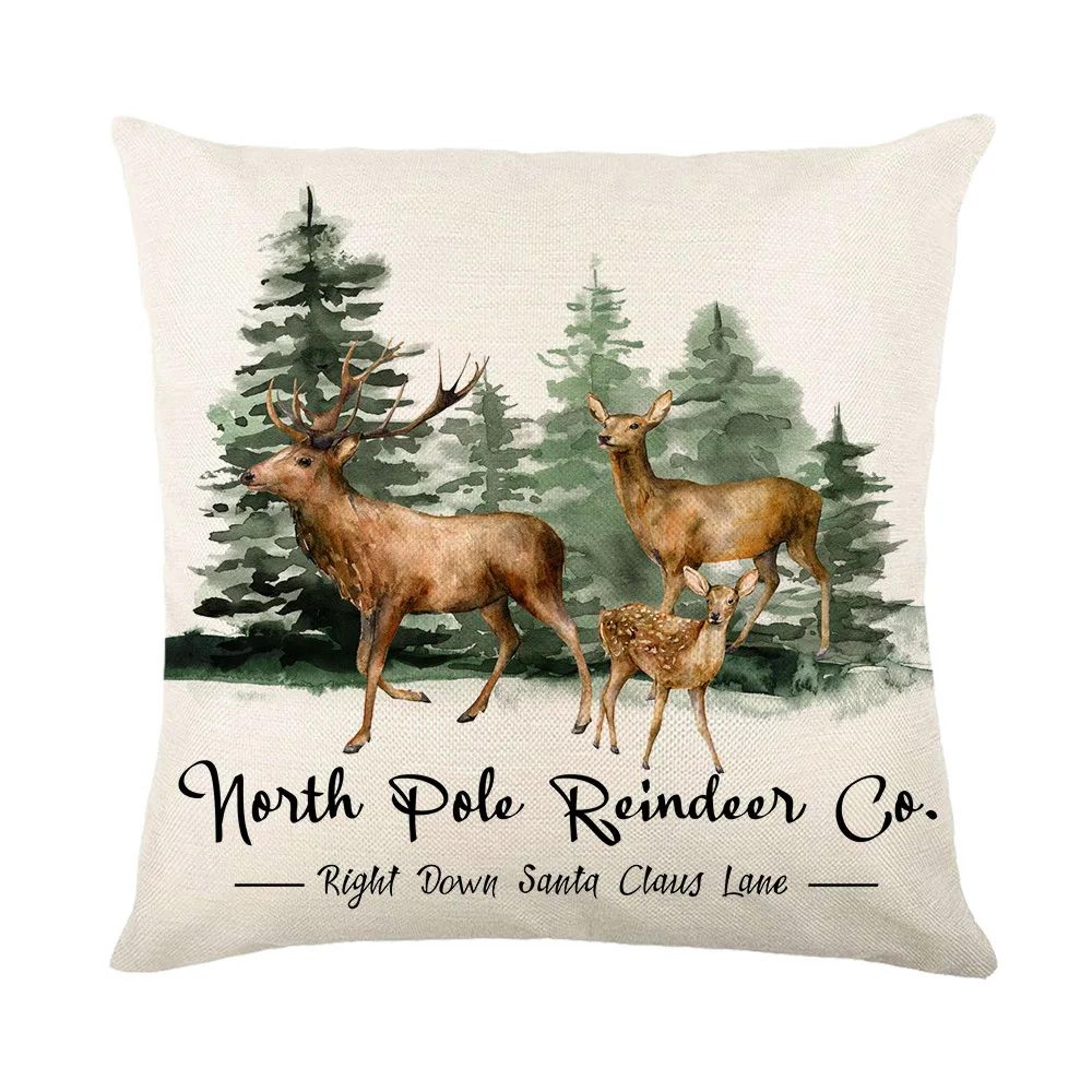 Merry Christmas Linen Pillow Cover With Deer And Tree Design 9