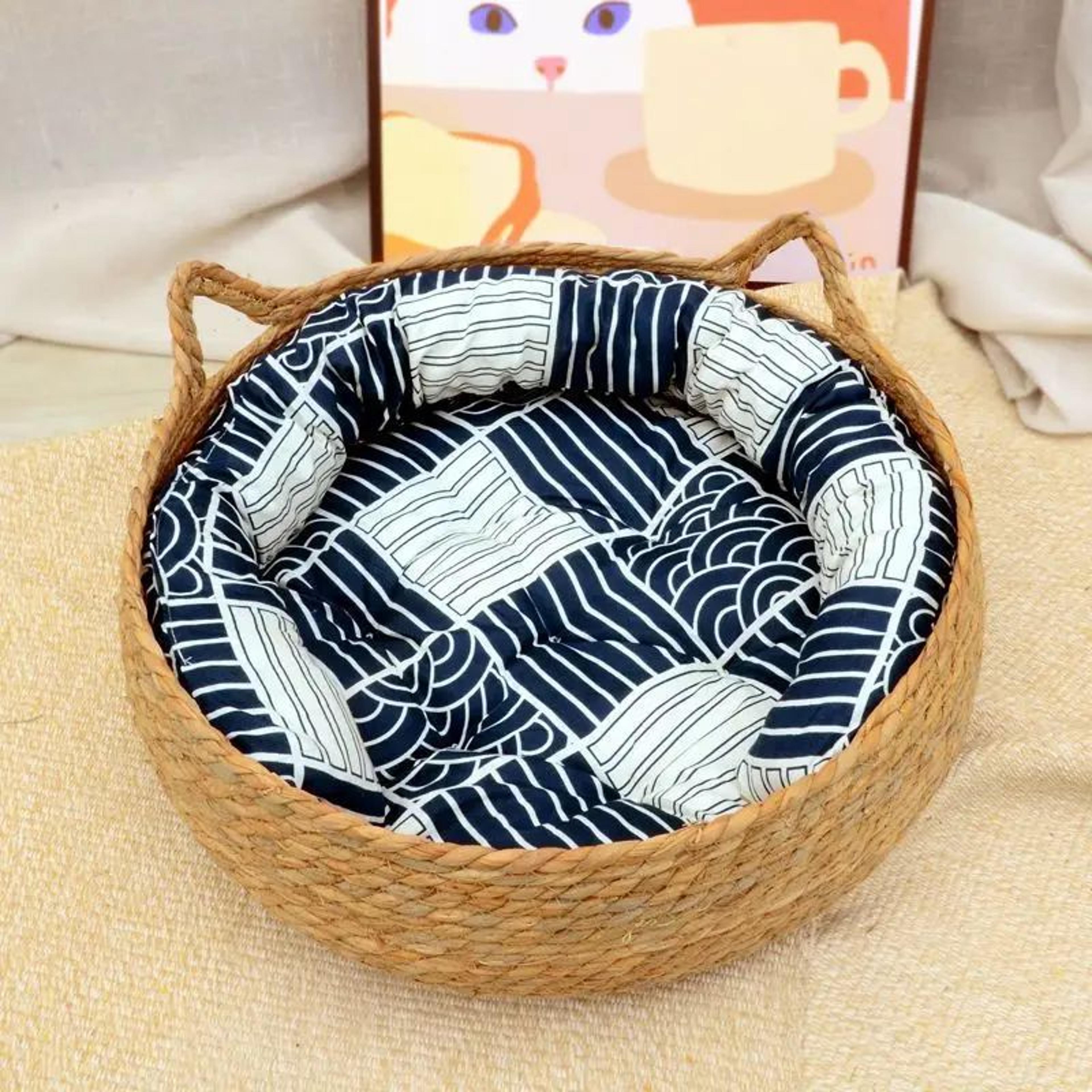Rattan Woven Cat Basket Bed With Soft Cushion 8