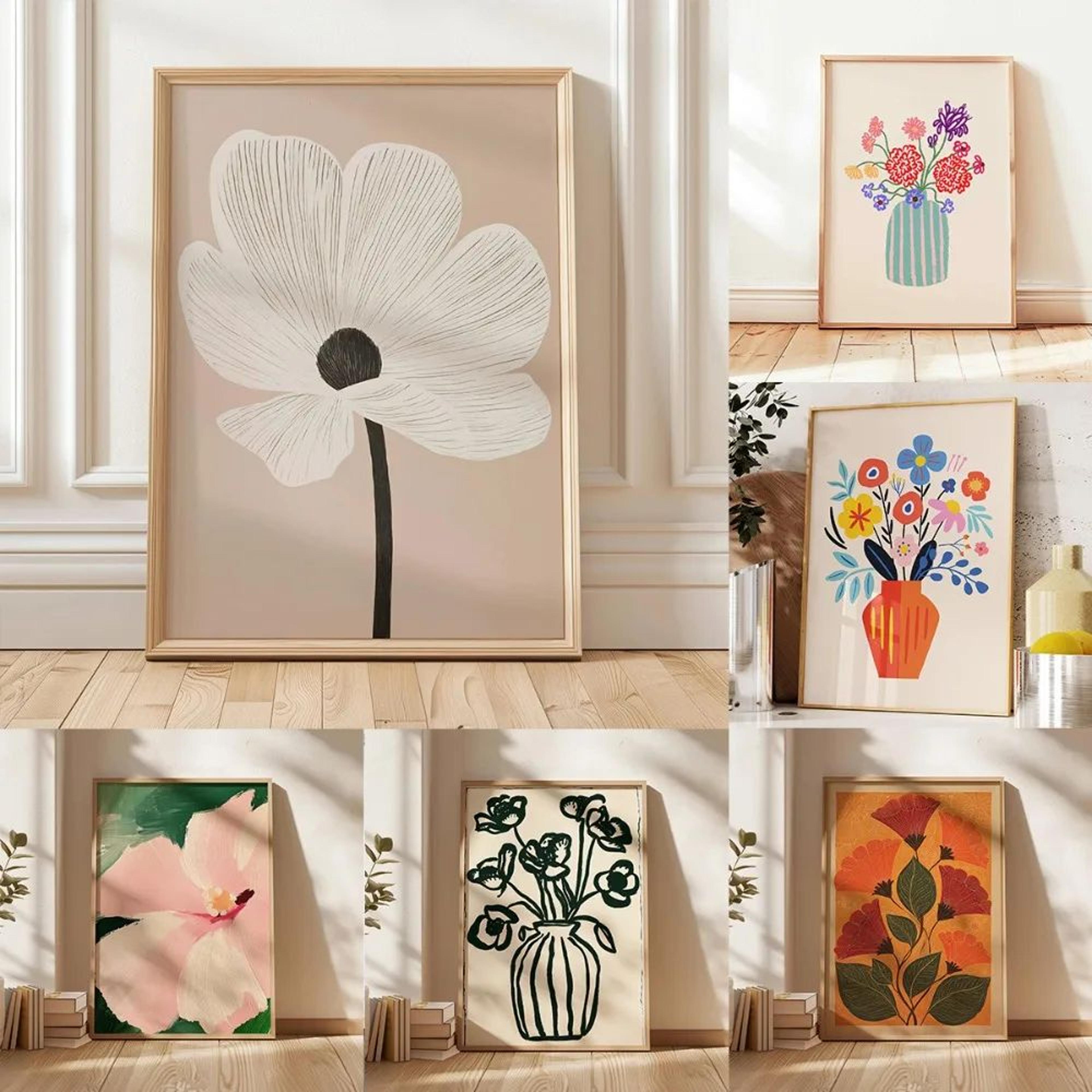 retro beige floral line canvas wall art