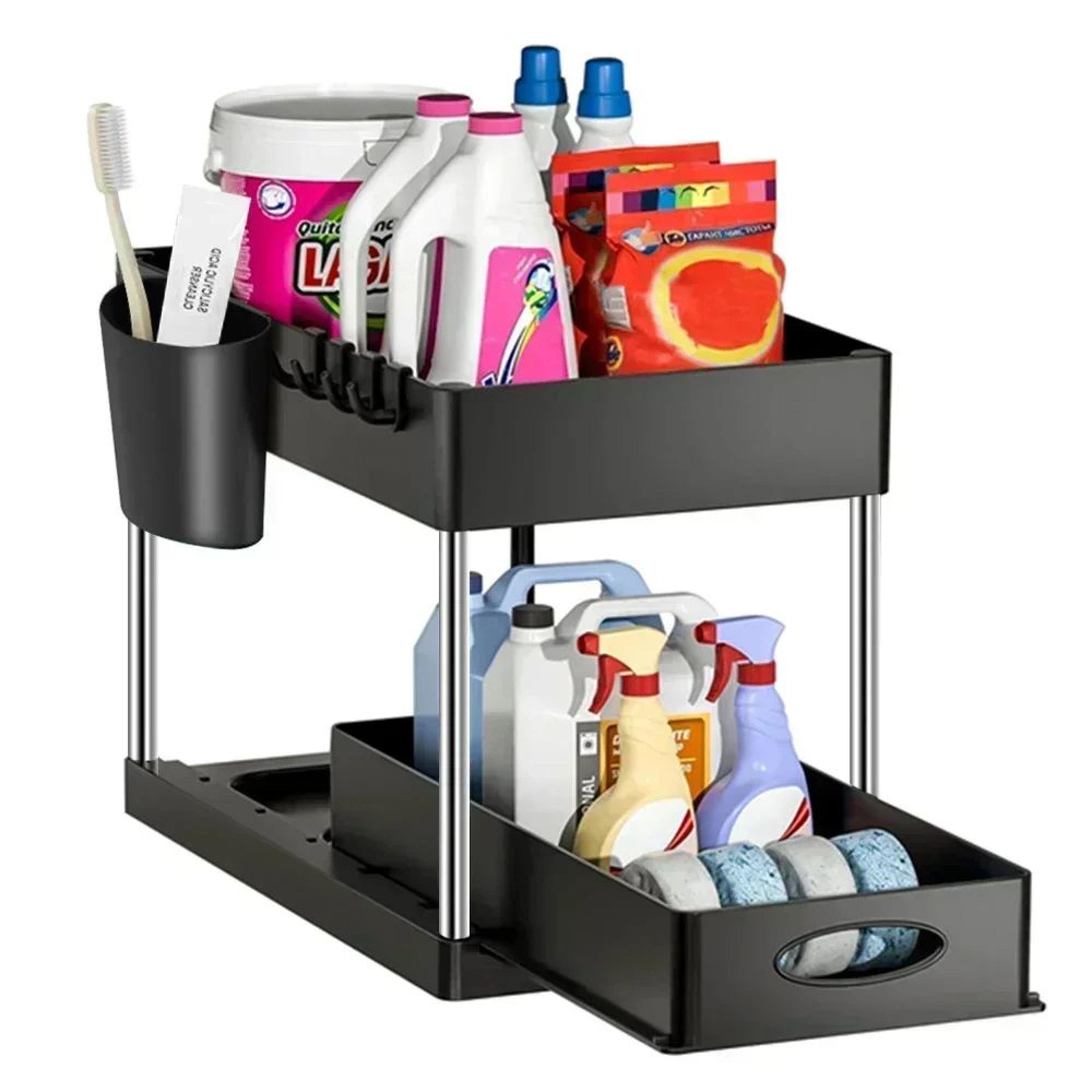 2 Tier Under Sink Sliding Storage Organizer Rack With Hooks 4