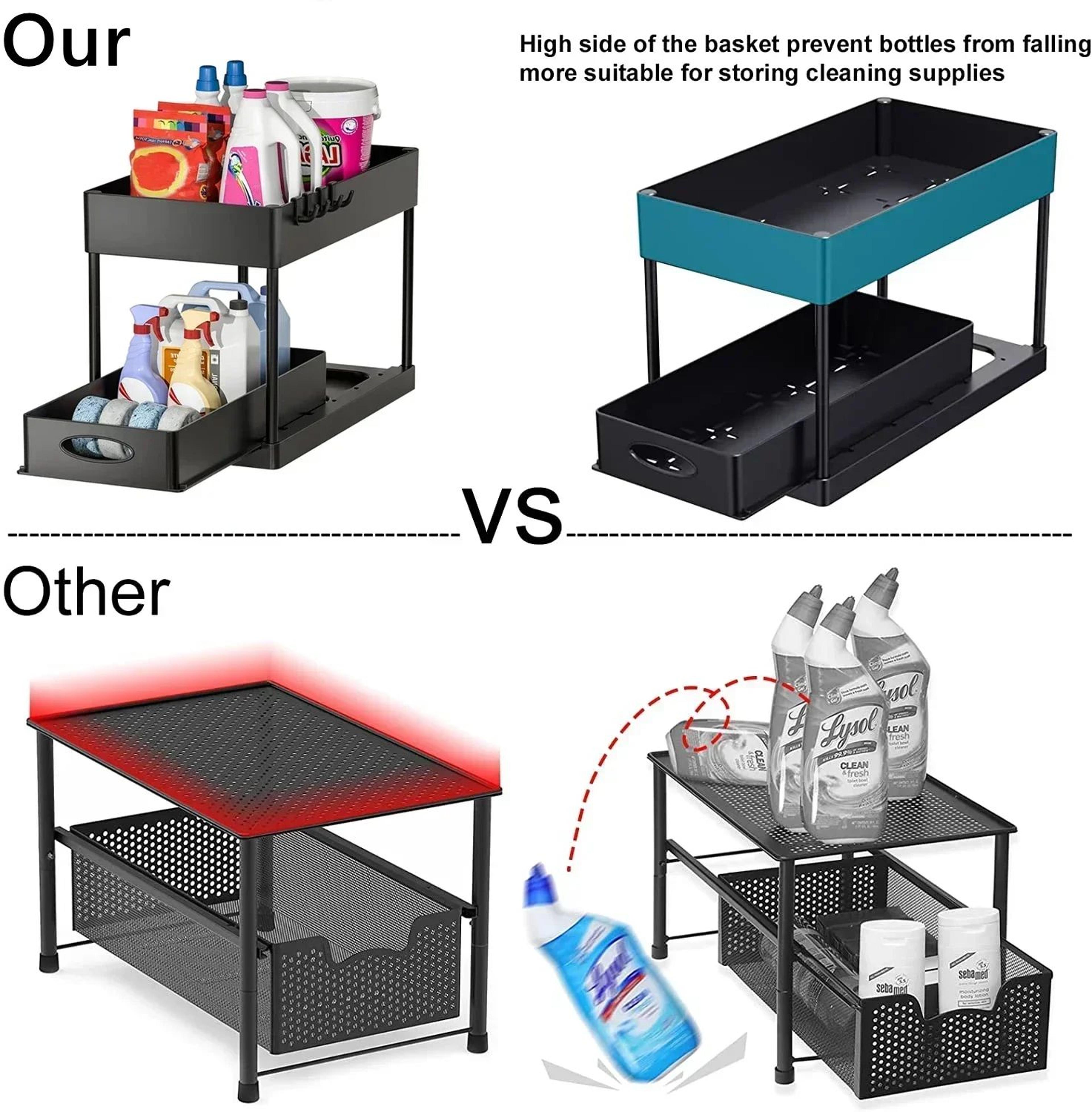 2 Tier Under Sink Sliding Storage Organizer Rack With Hooks 5